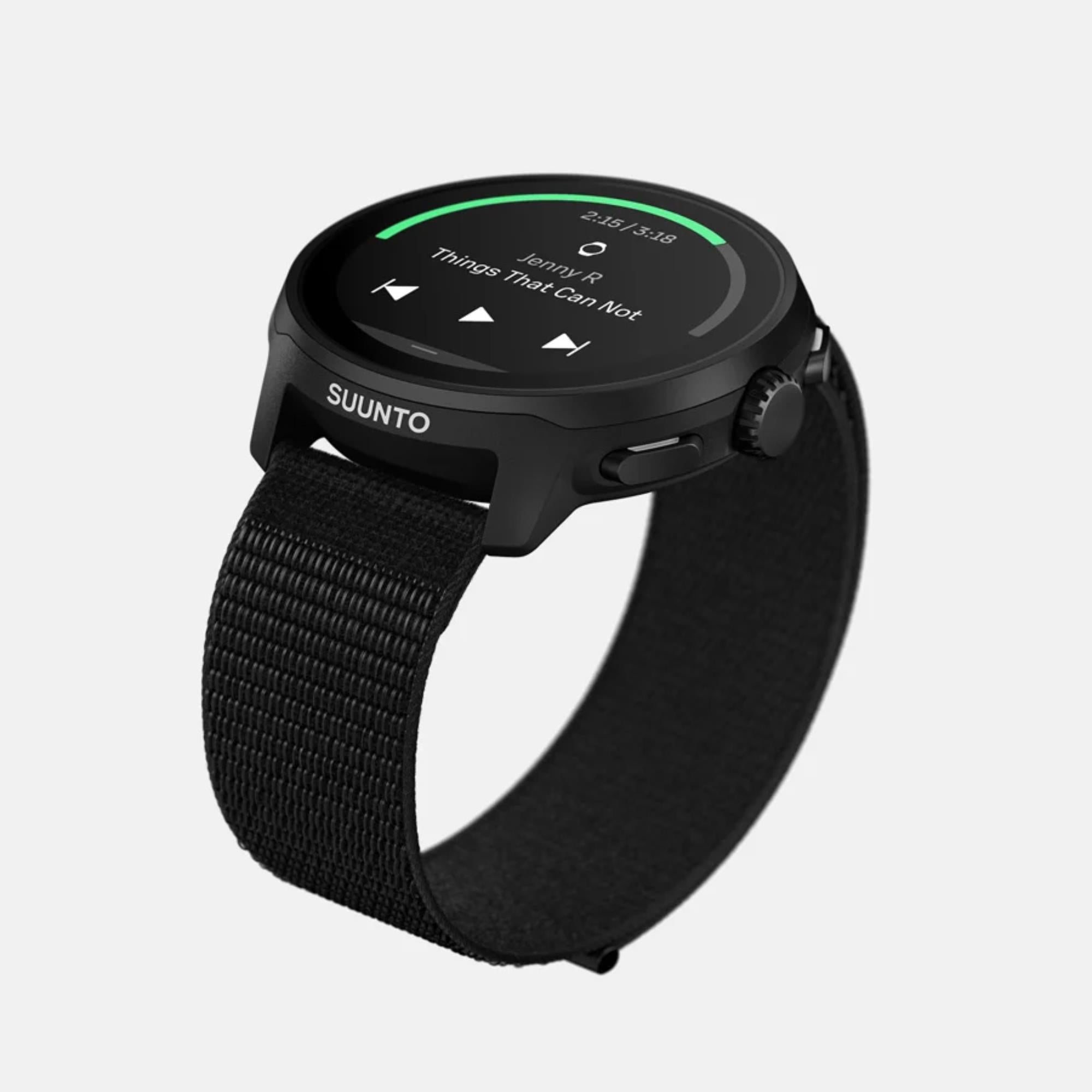 Black Suunto smartwatch on a light gray background