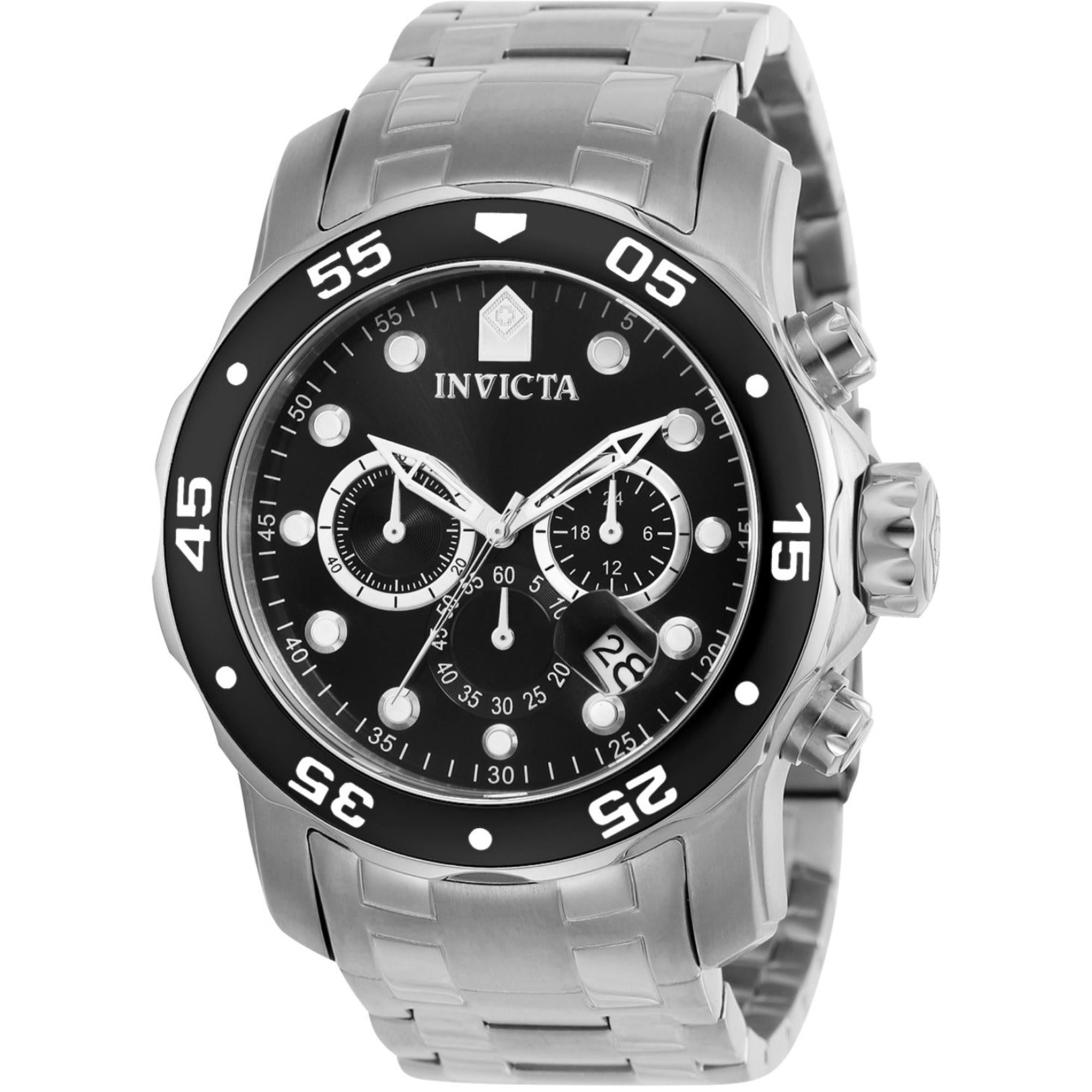 Invicta Pro Diver Scuba Quarz Chronograph Schwarzes Zifferblatt Stahlarmband Herrenarmbanduhr 0069