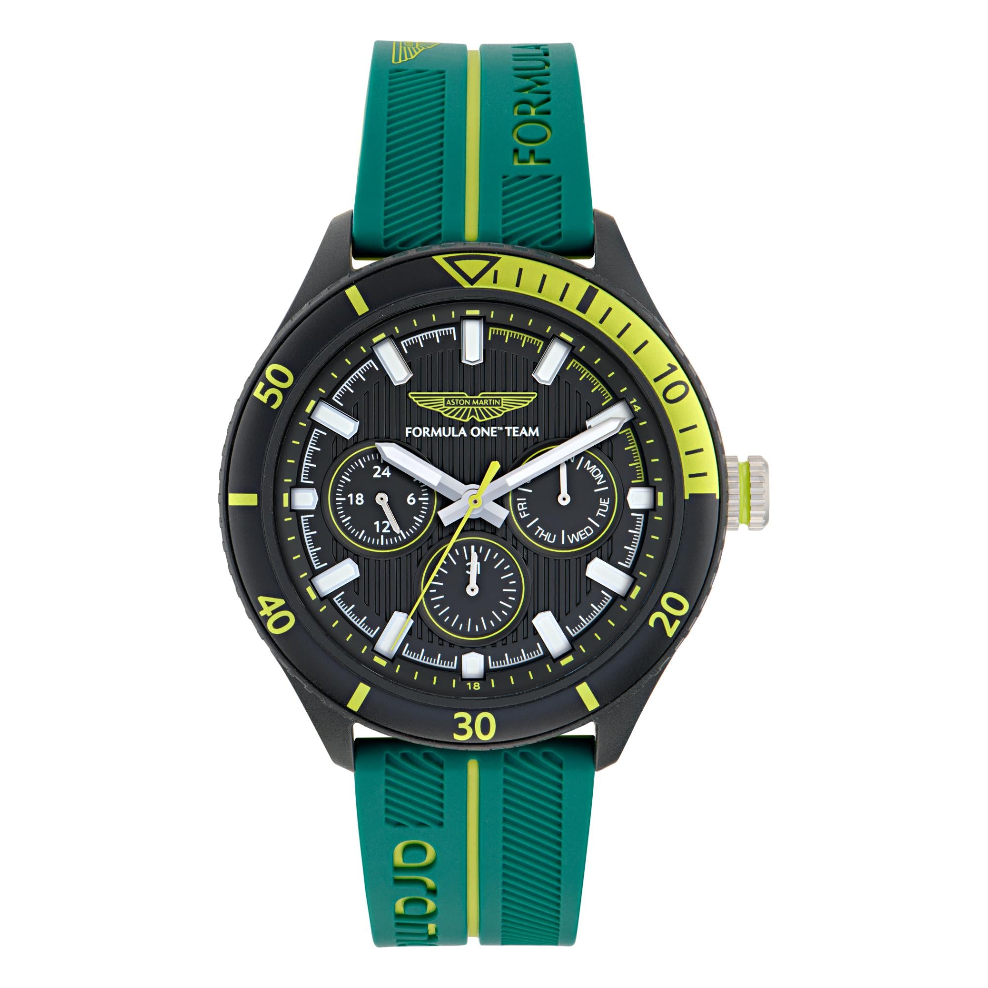 Aston Martin Aramco Formula One Team Quartz Chronograph Black Dial Podium Green and Yellow Silicone Strap Men's Watch MTFP1F501