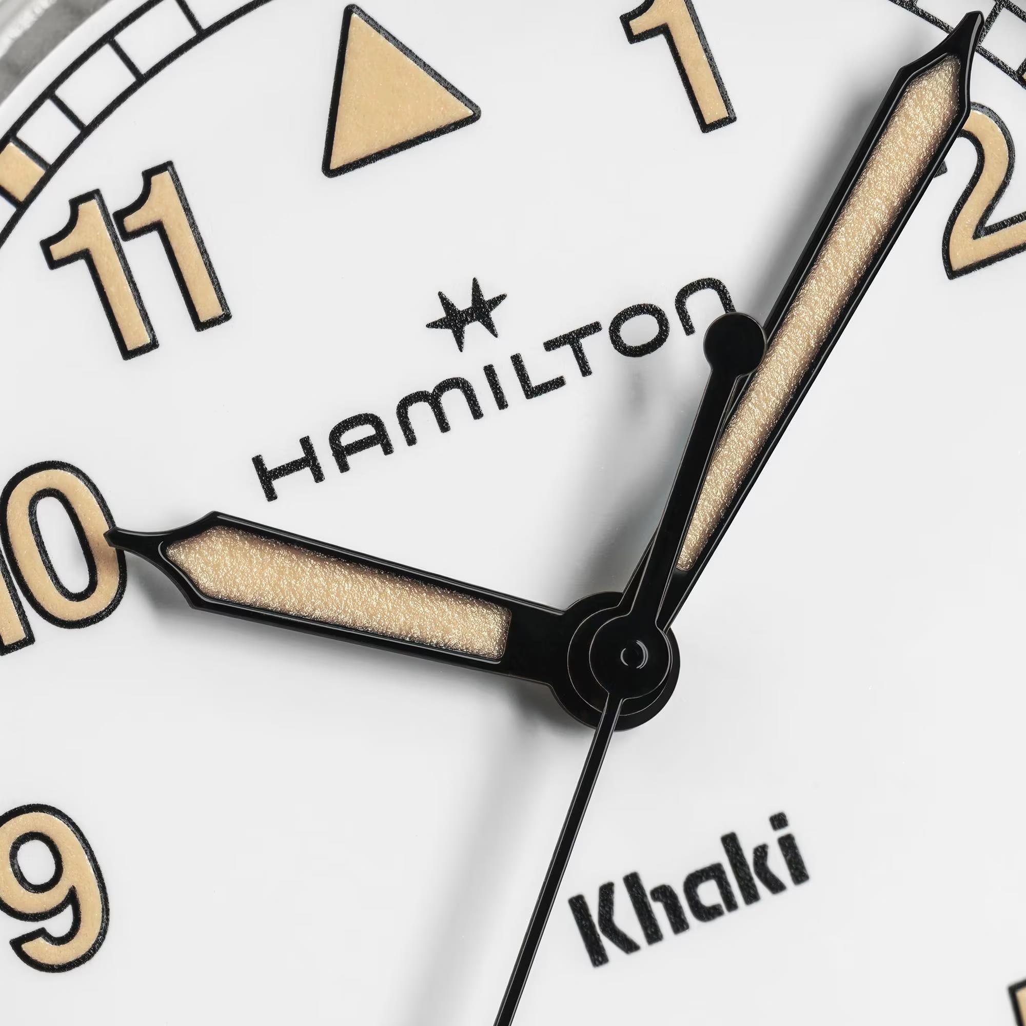 Hamilton Khaki Field H69301110 white dial with black Arabic numerals close-up