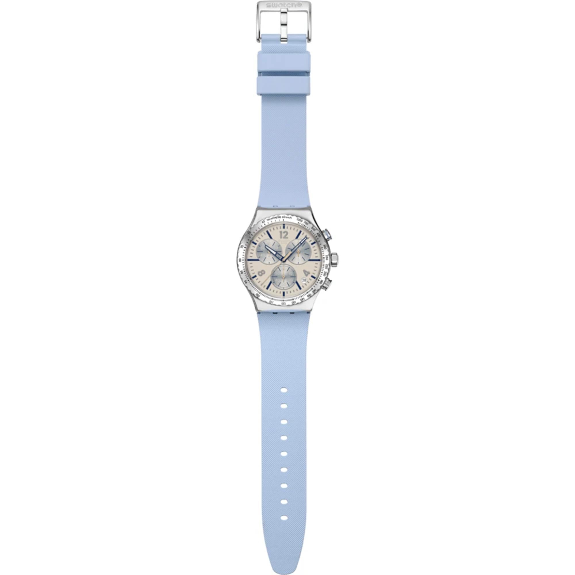 Swatch Irony Blueshift Glow Chronograph Blaues Zifferblatt Gummi Uhr YVS536