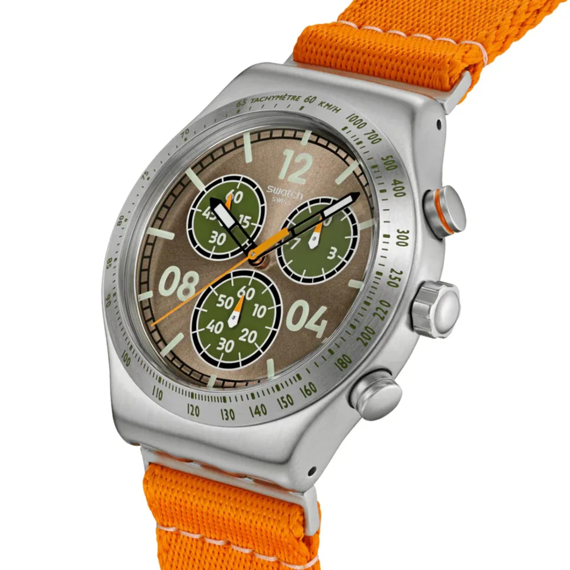 Swatch Irony Vacation Time Braunes Zifferblatt Textil Armband Uhr YVS101