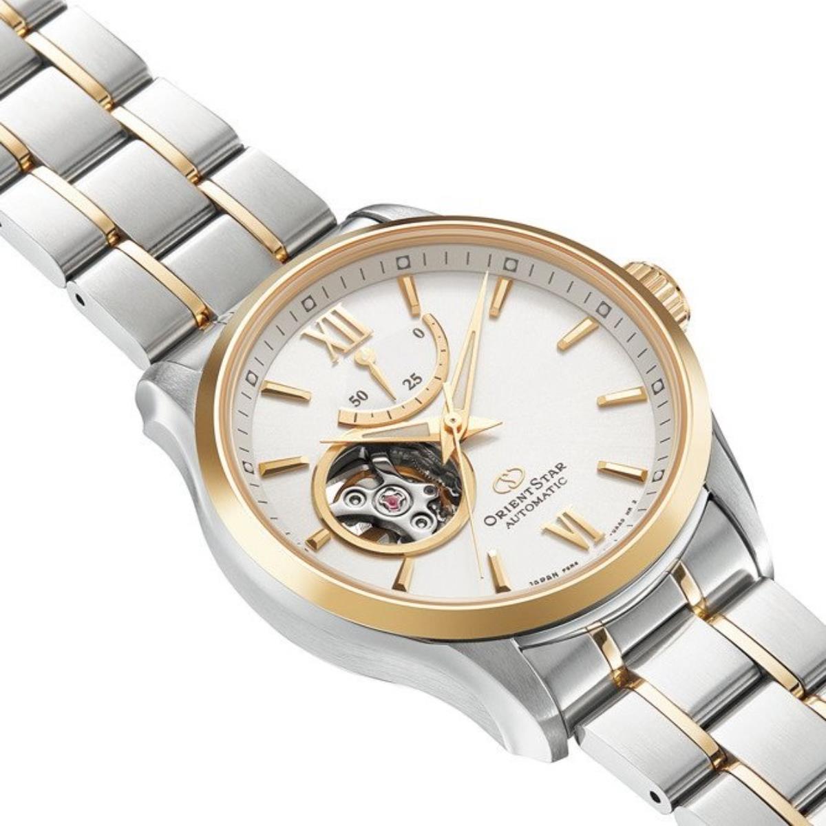 Orient Star Semi Skeleton 39mm Power Reserve Weißes Zifferblatt Stahl Herren Automatik Uhr RE-AT0004S00B