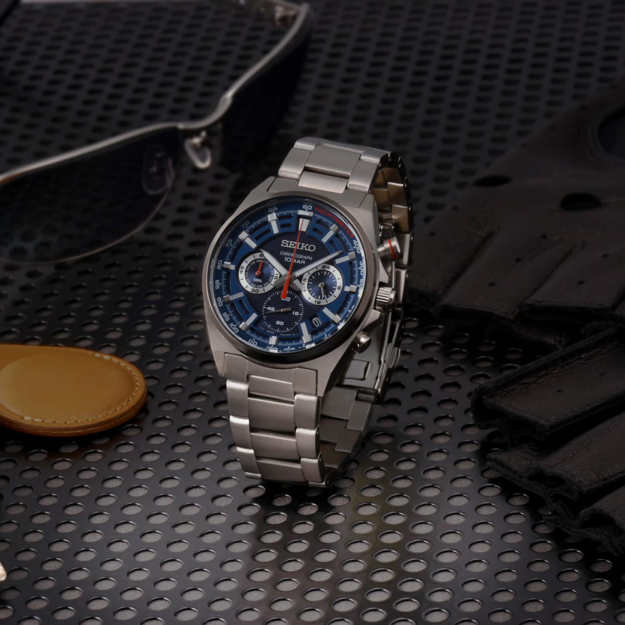 Seiko 41mm Chronograph blue dial tachymeter steel watch SSB407P1
