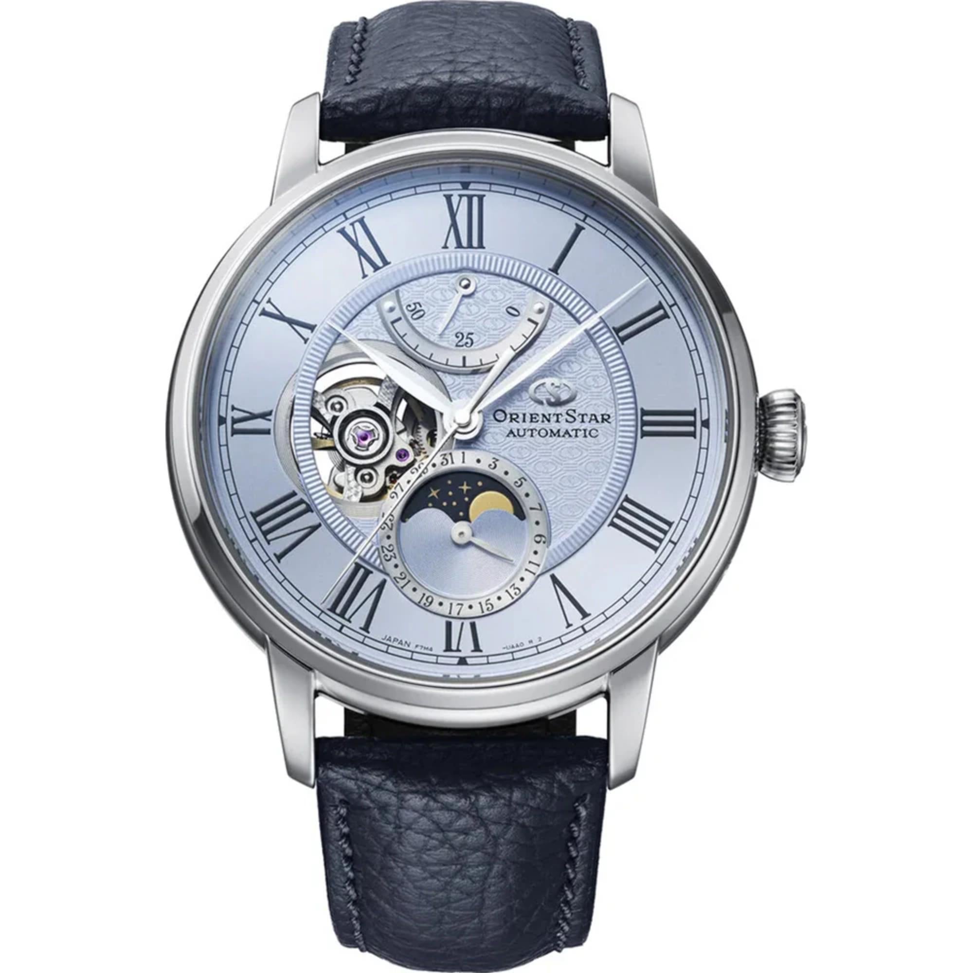 Orient Star RE-BT0007L00B Moon Phase semi-skeleton watch with light blue dial fitted on navy blue leather strap