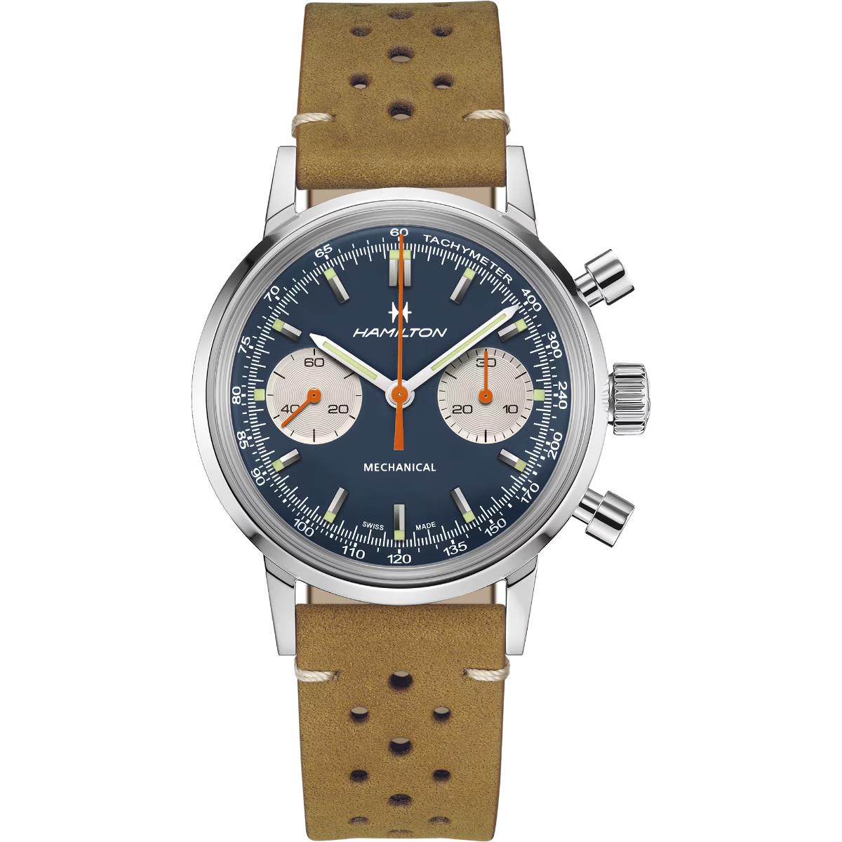 Hamilton American Classic Intra-Matic Chronograph Blue Dial Leather Strap Men's Watch H38429541