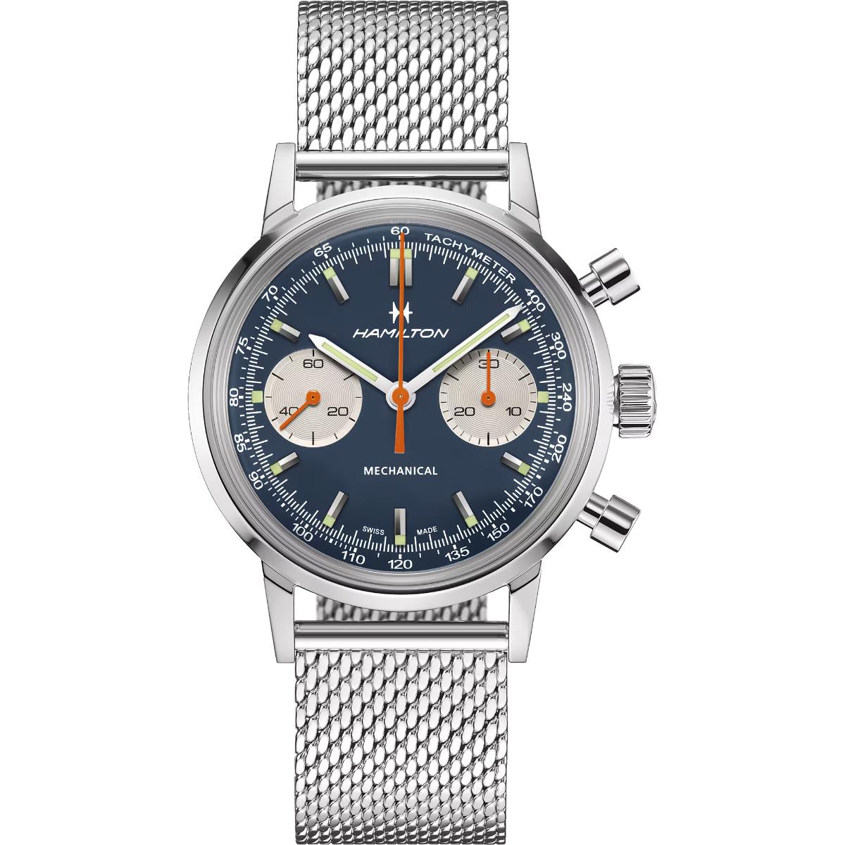 Hamilton Intra-Matic blue chronograph watch with a mesh bracelet