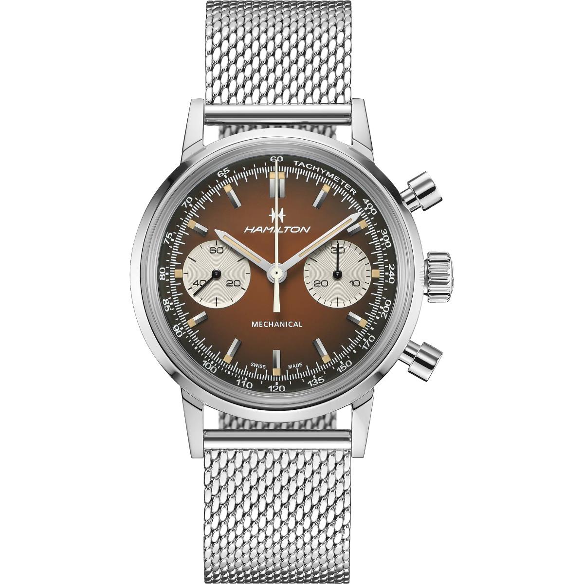Hamilton Intra-Matic brown chronograph watch with a mesh bracelet