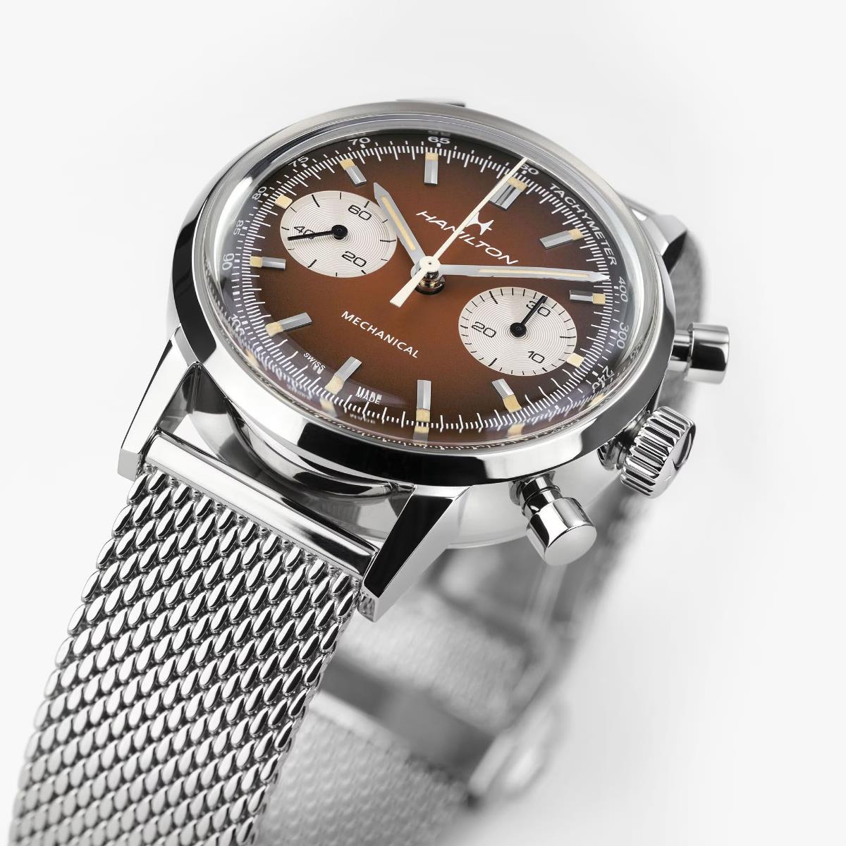 Hamilton American Classic 40mm Intra-Matic brown chronograph watch with a mesh bracelet