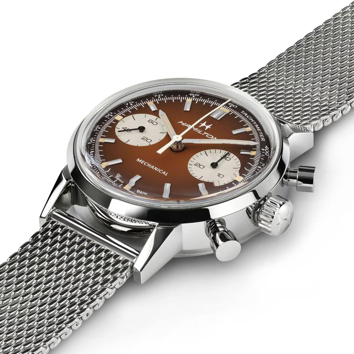 Hamilton American Classic  Intra-Matic brown chronograph watch with a mesh bracelet