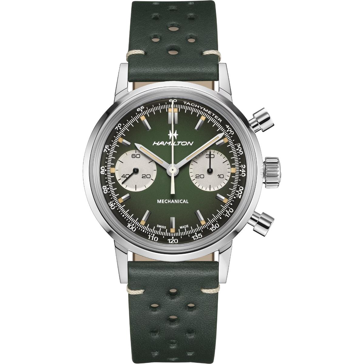 Hamilton American Classic Intra-Matic Chronograph Green Dial Leather Strap Men's Watch H38429861