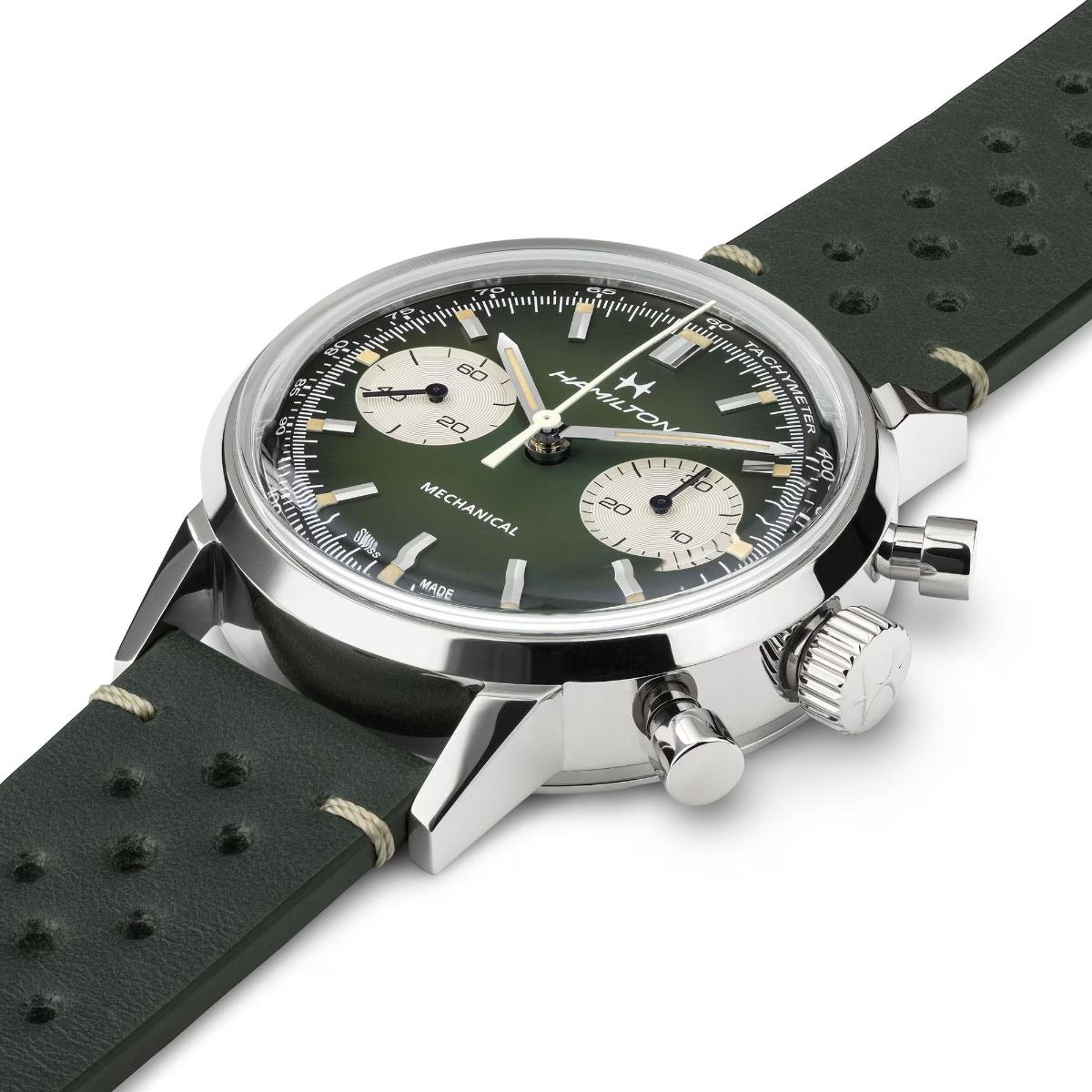 Hamilton American 40mm H38429861 perforated green leather strap