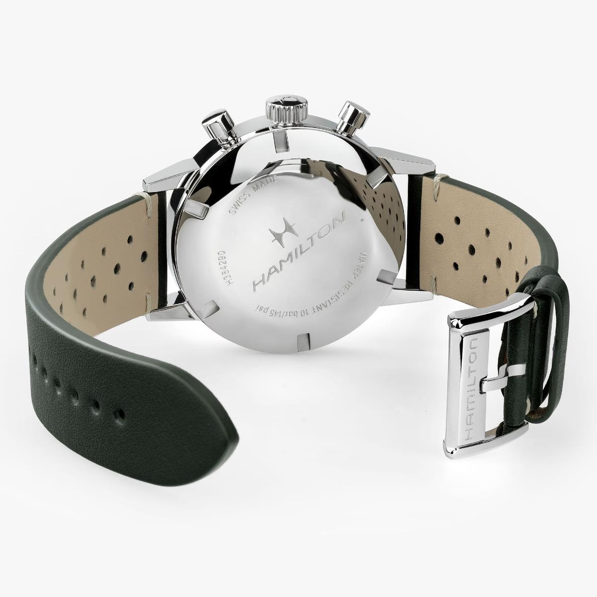 Hamilton H38429861 perforated green leather strap and pin buckle detail