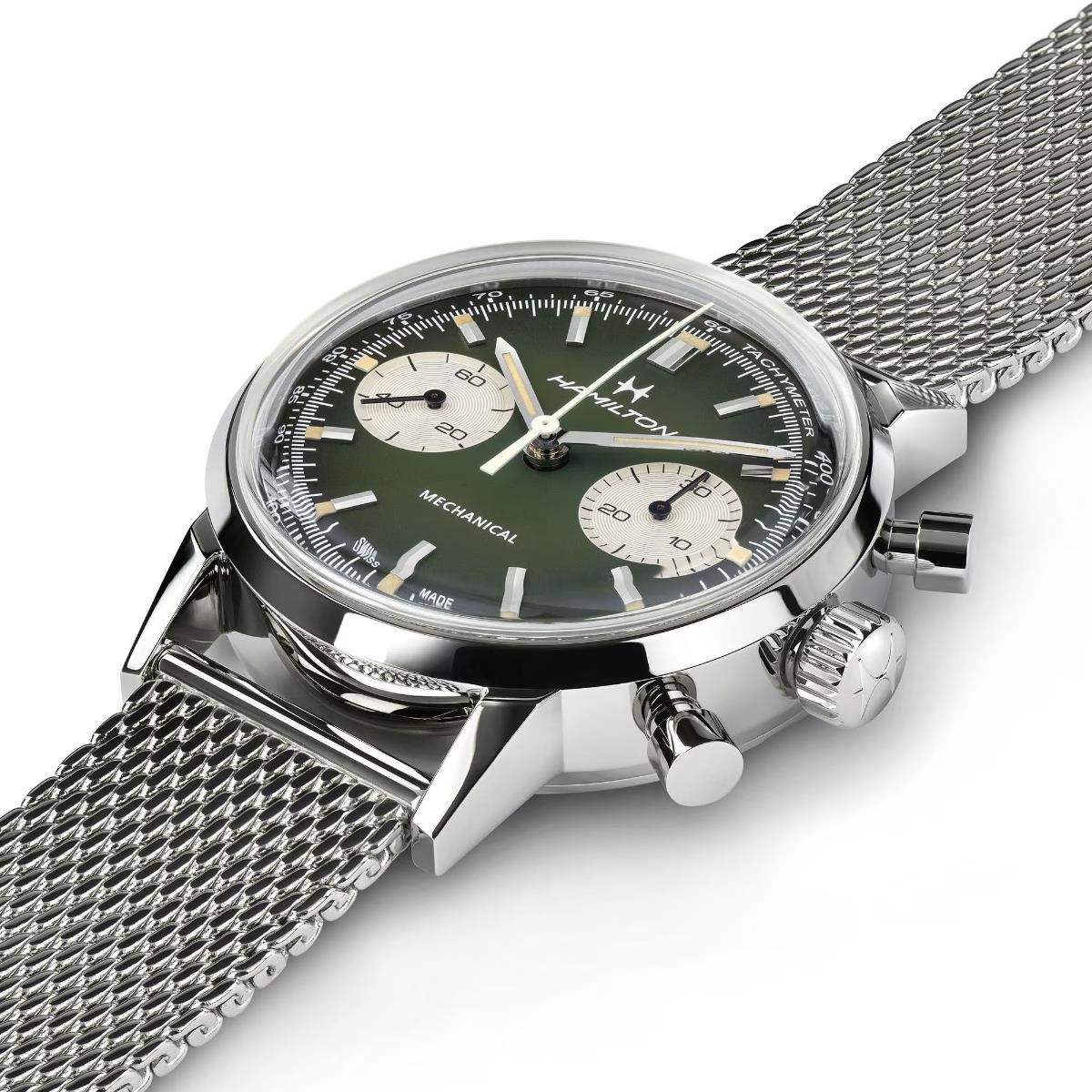 Hamilton Intra-Matic green chronograph watch with a mesh bracelet
