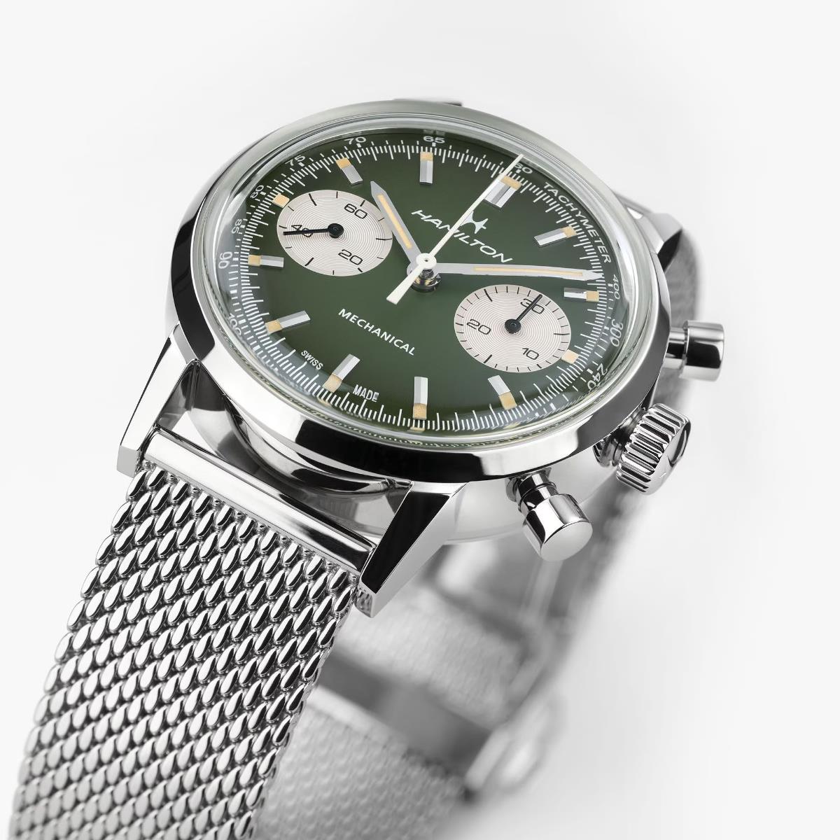 Hamilton Intra-Matic green chronograph watch with a mesh bracelet