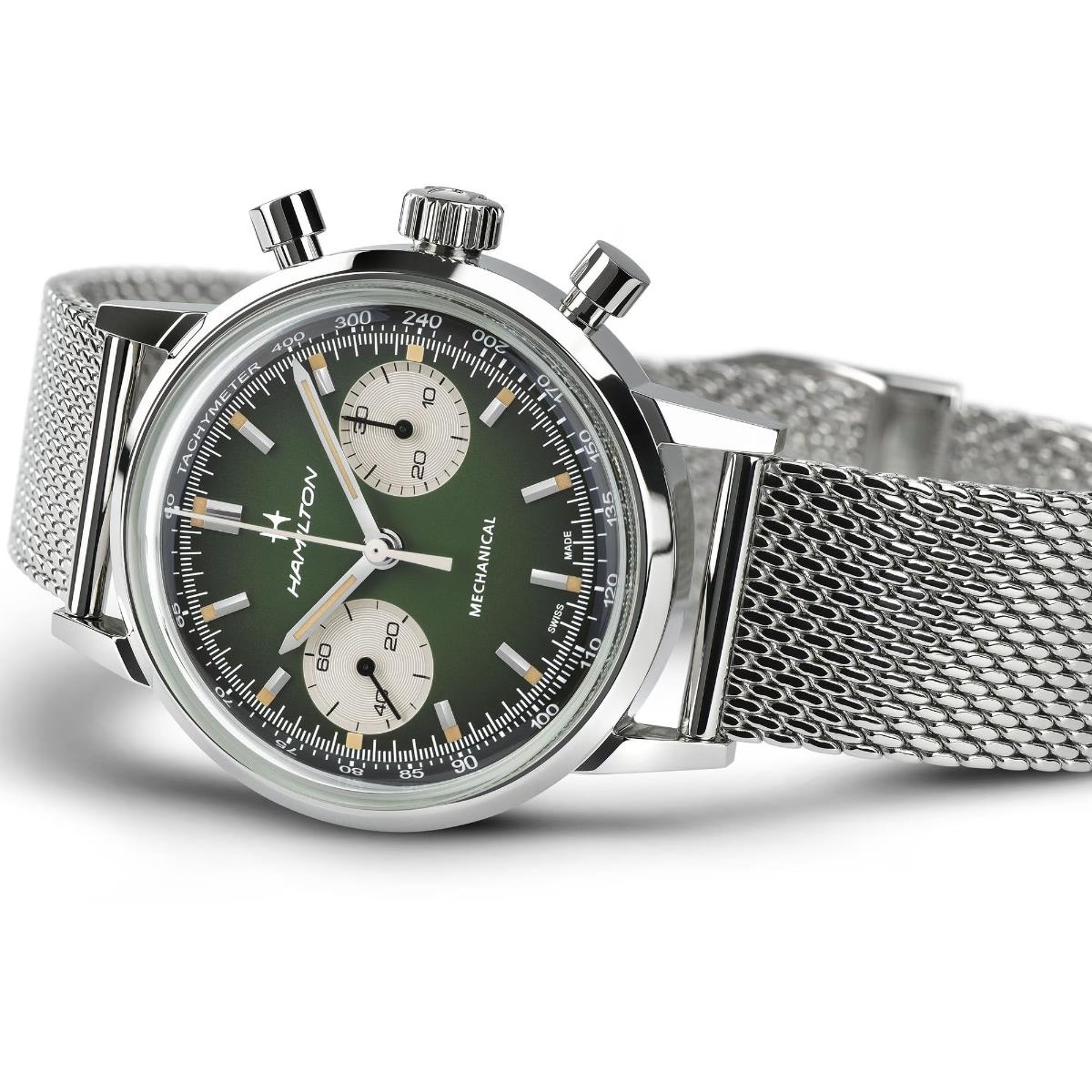 Hamilton Intra-Matic green chronograph watch with a mesh bracelet