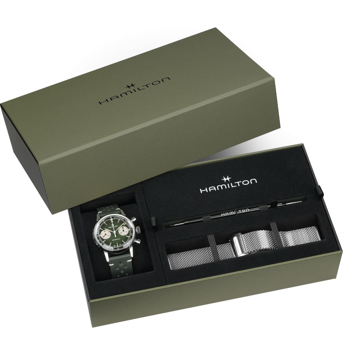 Green Hamilton watch box containing a green chronograph watch and an extra mesh strap