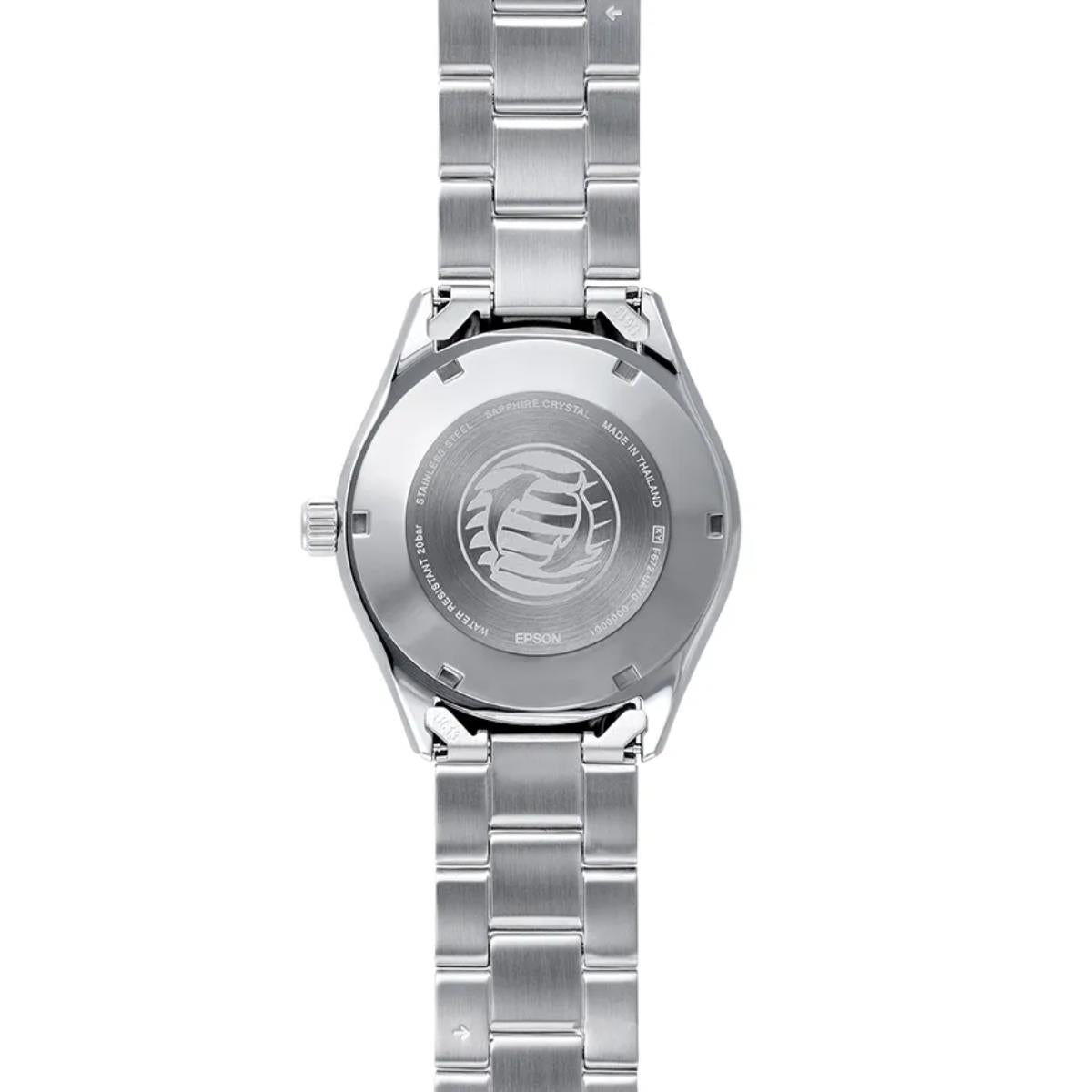 Orient Mako RA-AC0Q16N30B stainless steel bracelet and case back profile