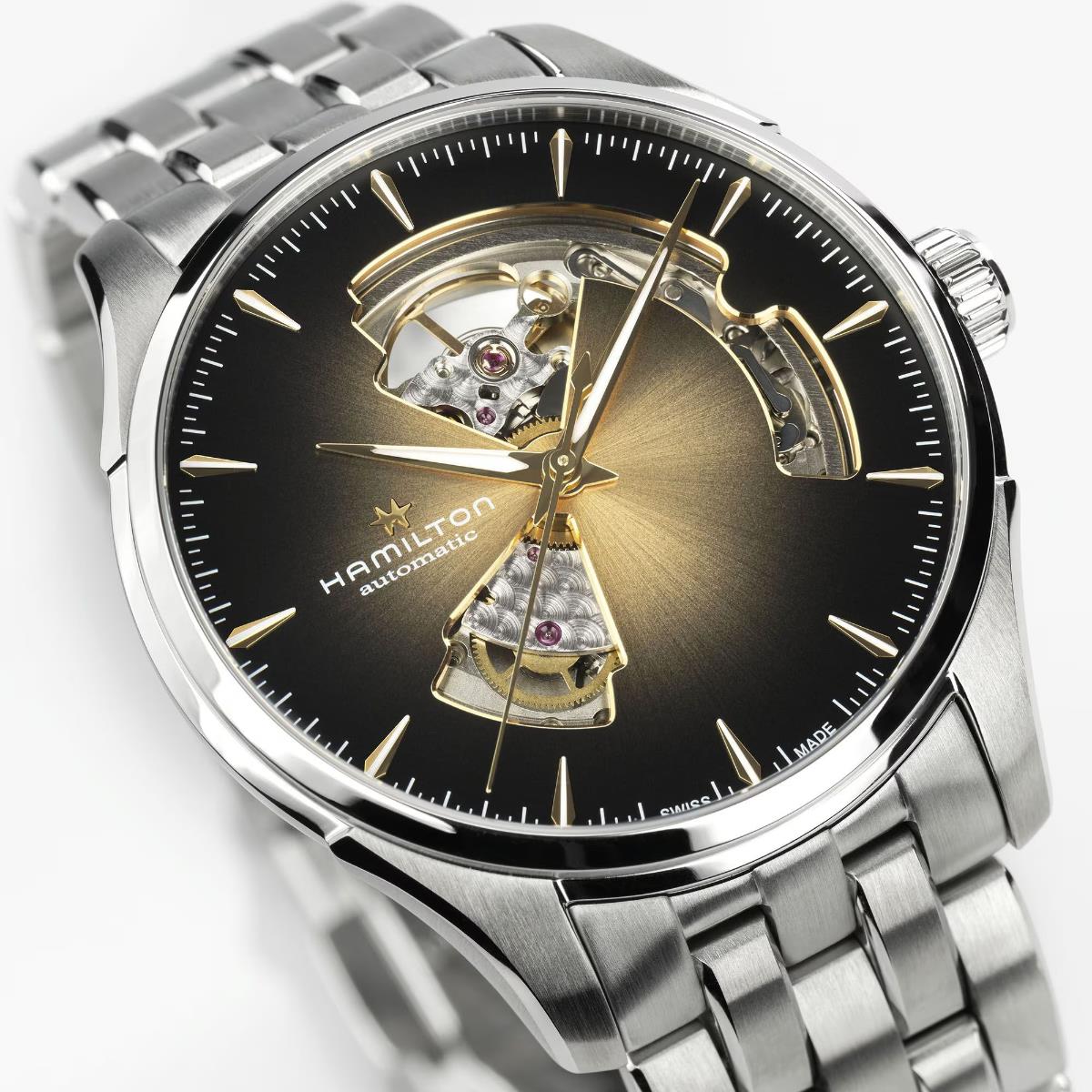 Hamilton H32675101 black dial with open-heart aperture close-up  