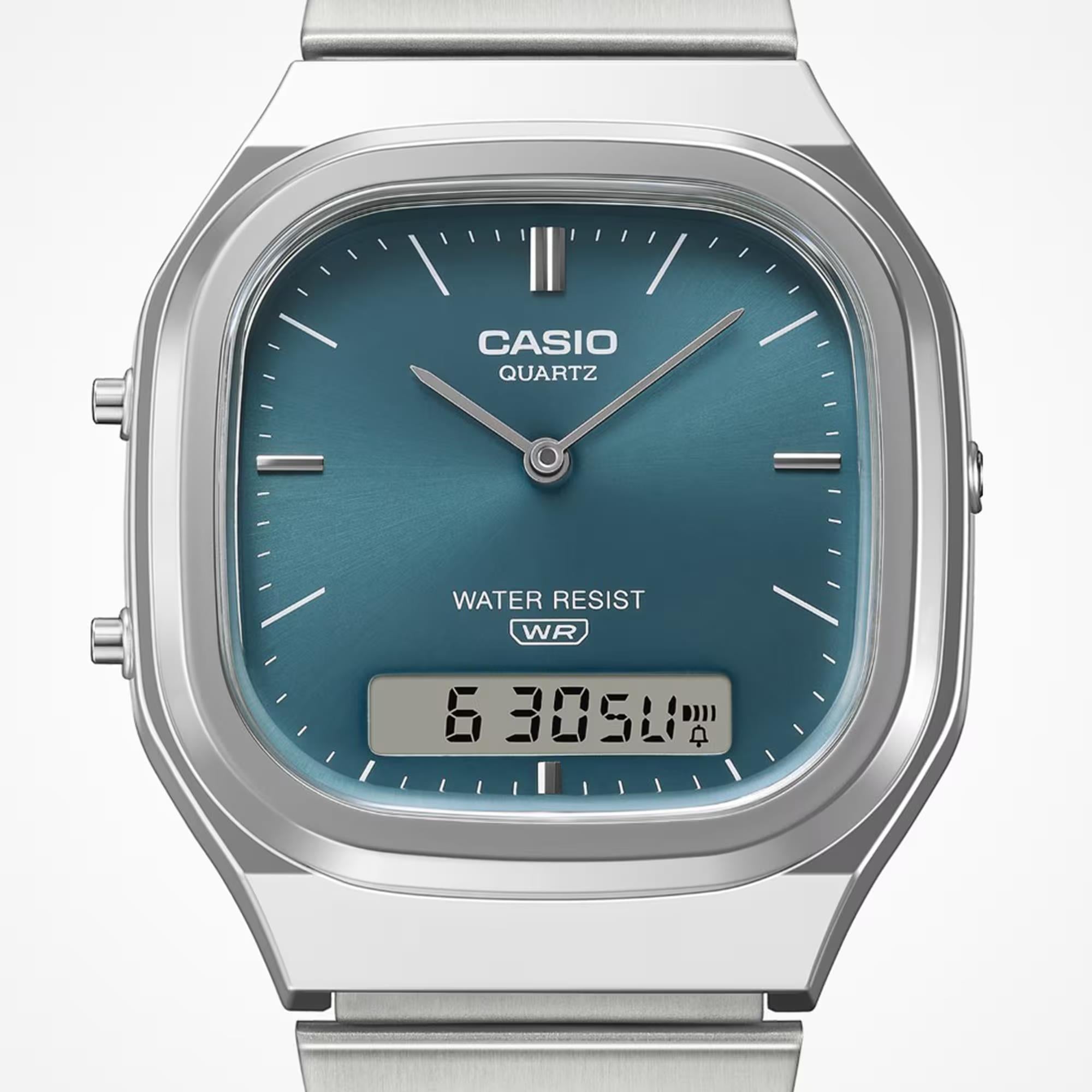 Casio Vintage Quarz Grüne Digi-Analoge Stahlarmband Uhr AQ-240E-3AEF