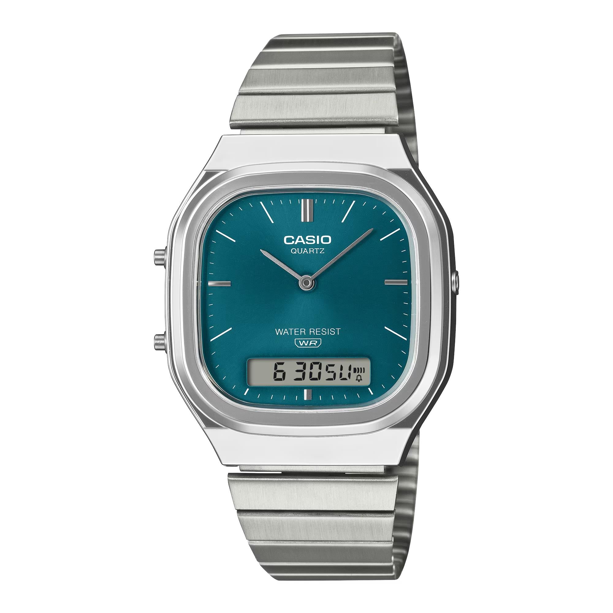 Casio Vintage Quarz Grüne Digi-Analoge Stahlarmband Uhr AQ-240E-3AEF