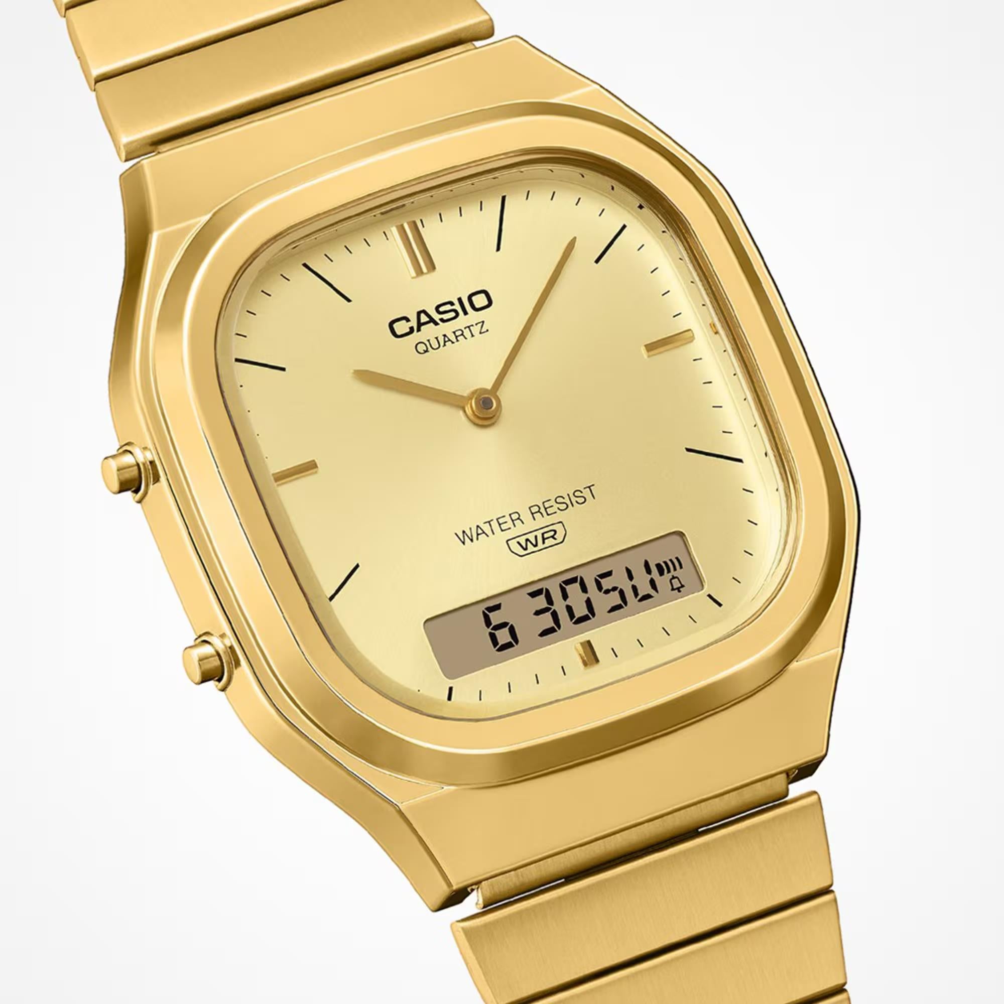Casio Vintage Quarz Golden Digi-Analoge Stahlarmband Uhr AQ-240EG-9AEF