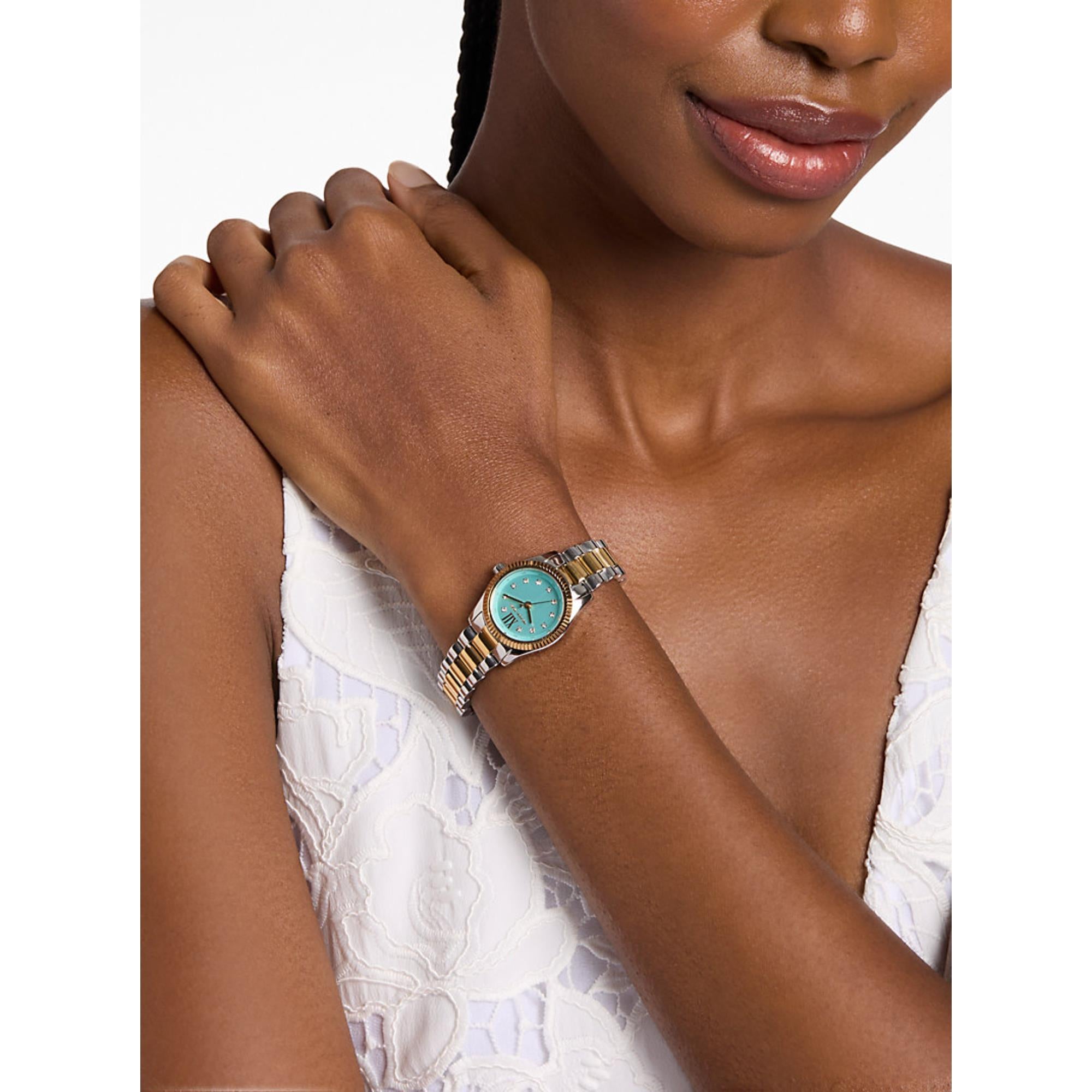 Michael Kors Petite Lexington Pave Turquoise Dial Steel Strap Women's Watch MK7579