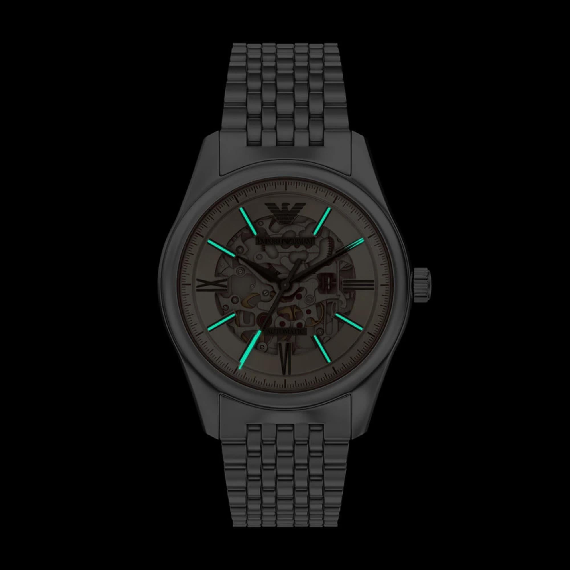 Emporio Armani Antonio 43mm Skeleton Silver Dial Steel Mens Automatic Watch AR60095