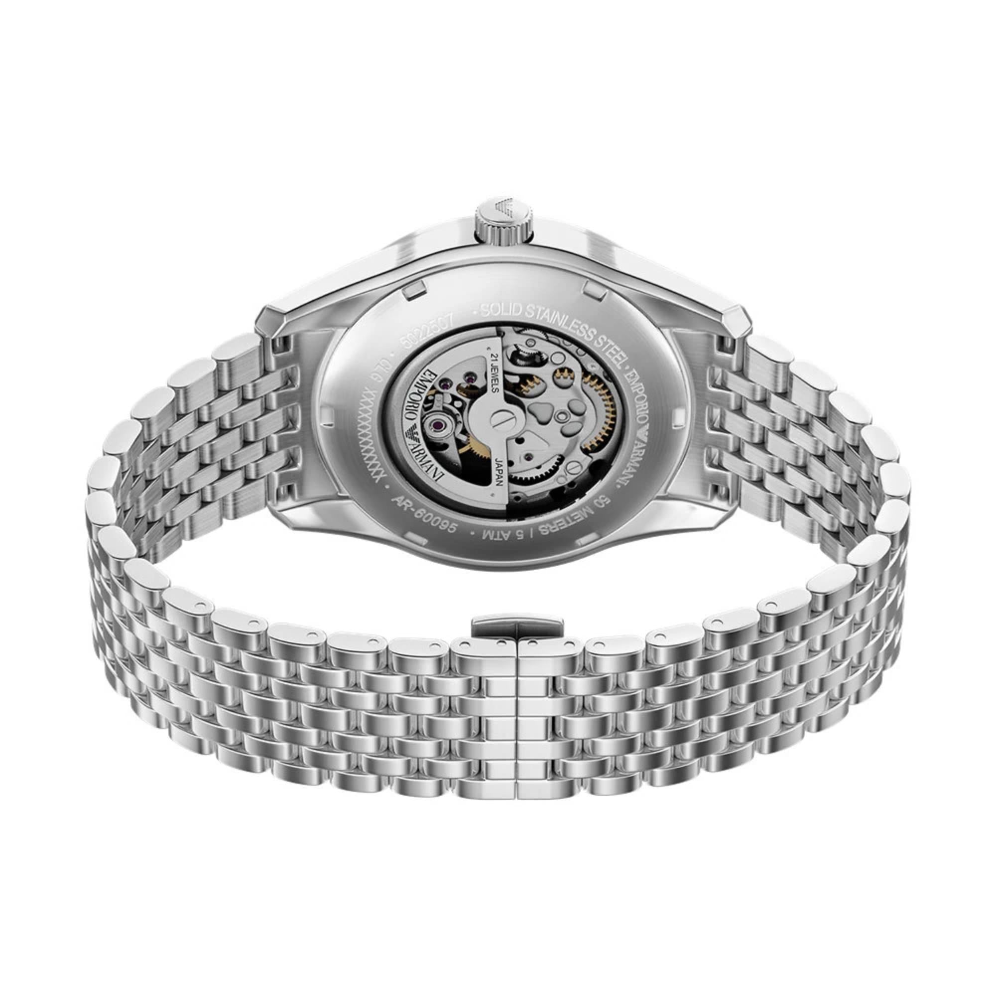 Emporio Armani Antonio 43mm Skeleton Silver Dial Steel Mens Automatic Watch AR60095