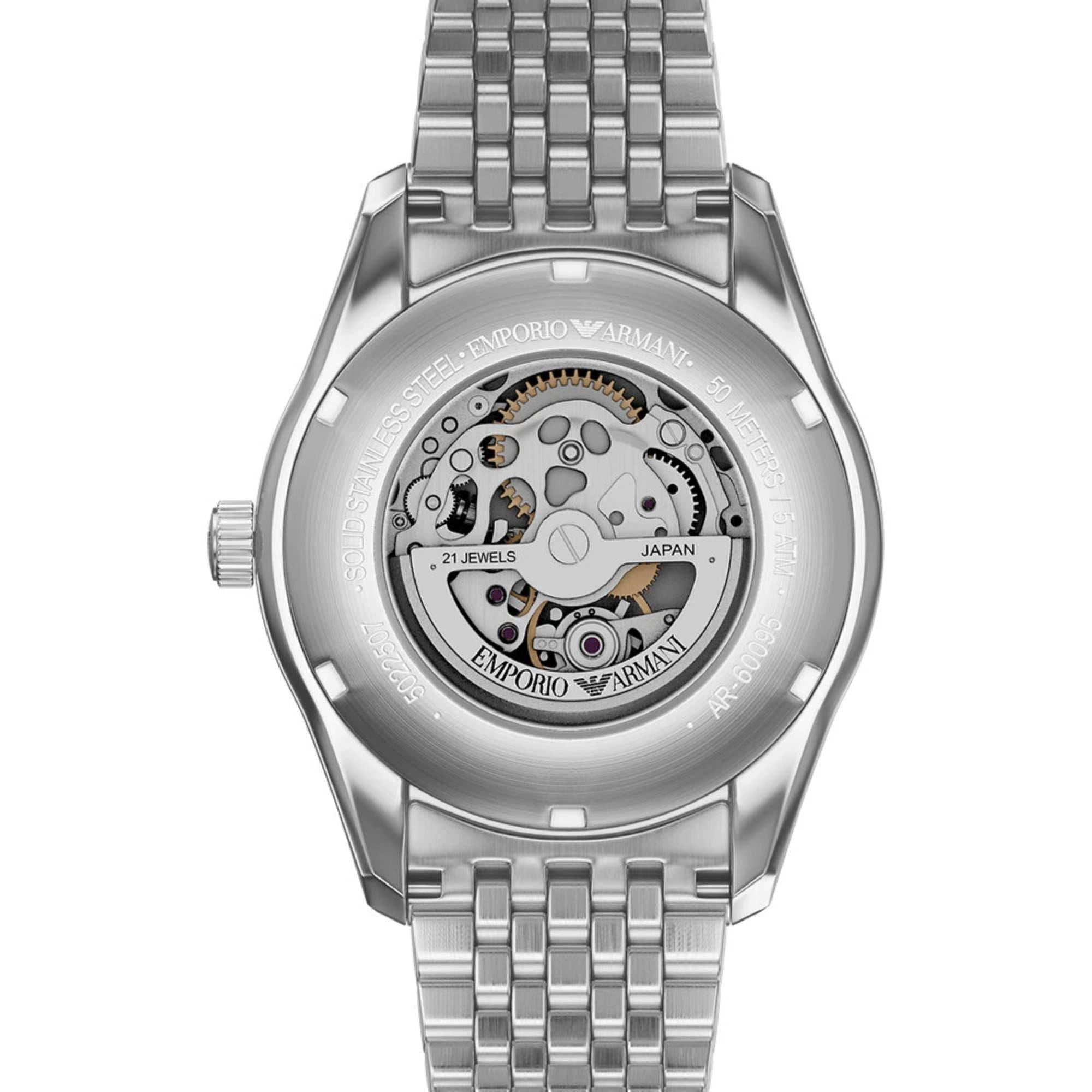 Emporio Armani Antonio 43mm Skeleton Silver Dial Steel Mens Automatic Watch AR60095
