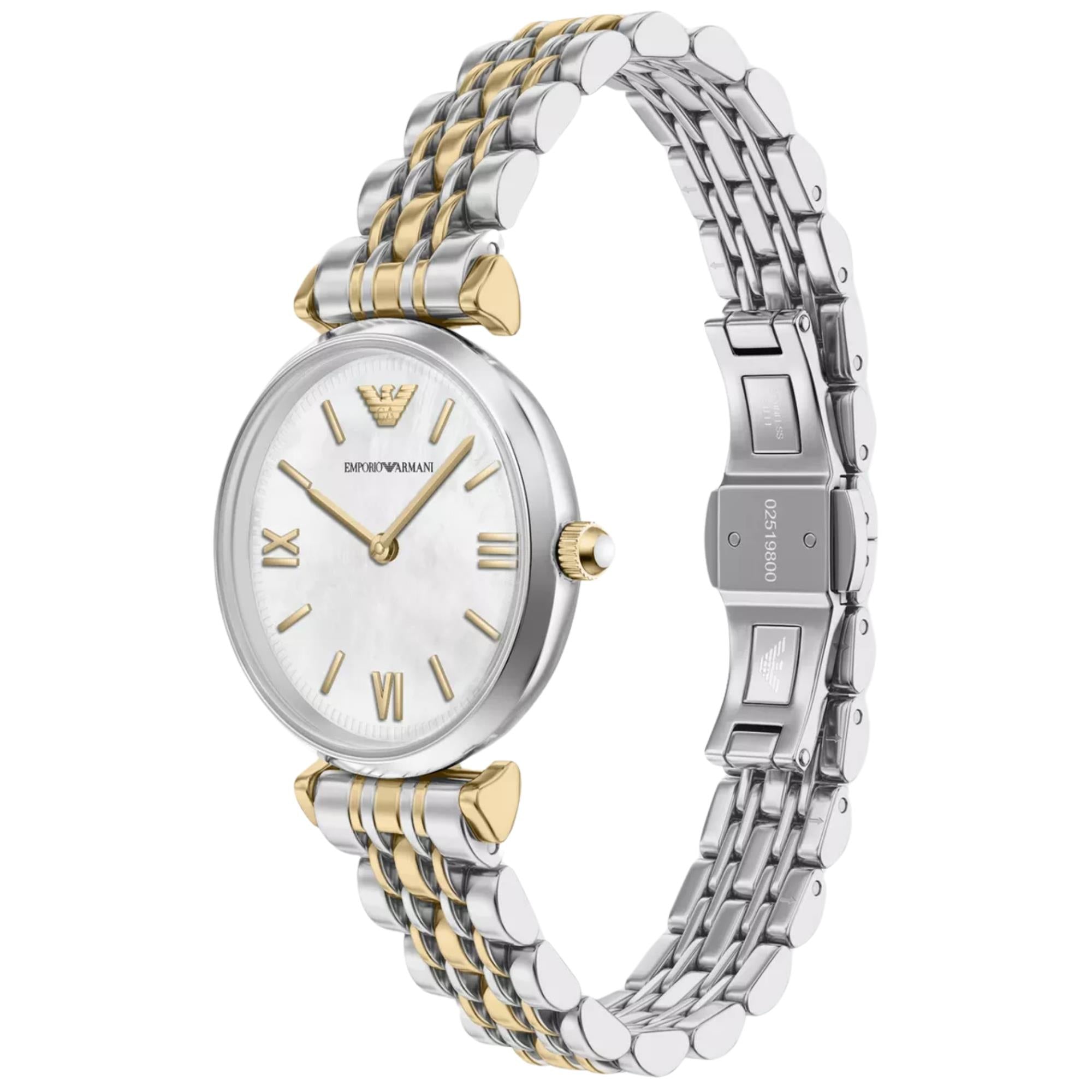Emporio Armani Gianni T-Bar 28mm White Mother of Pearl Dial Steel Ladies Quartz Watch AR11769