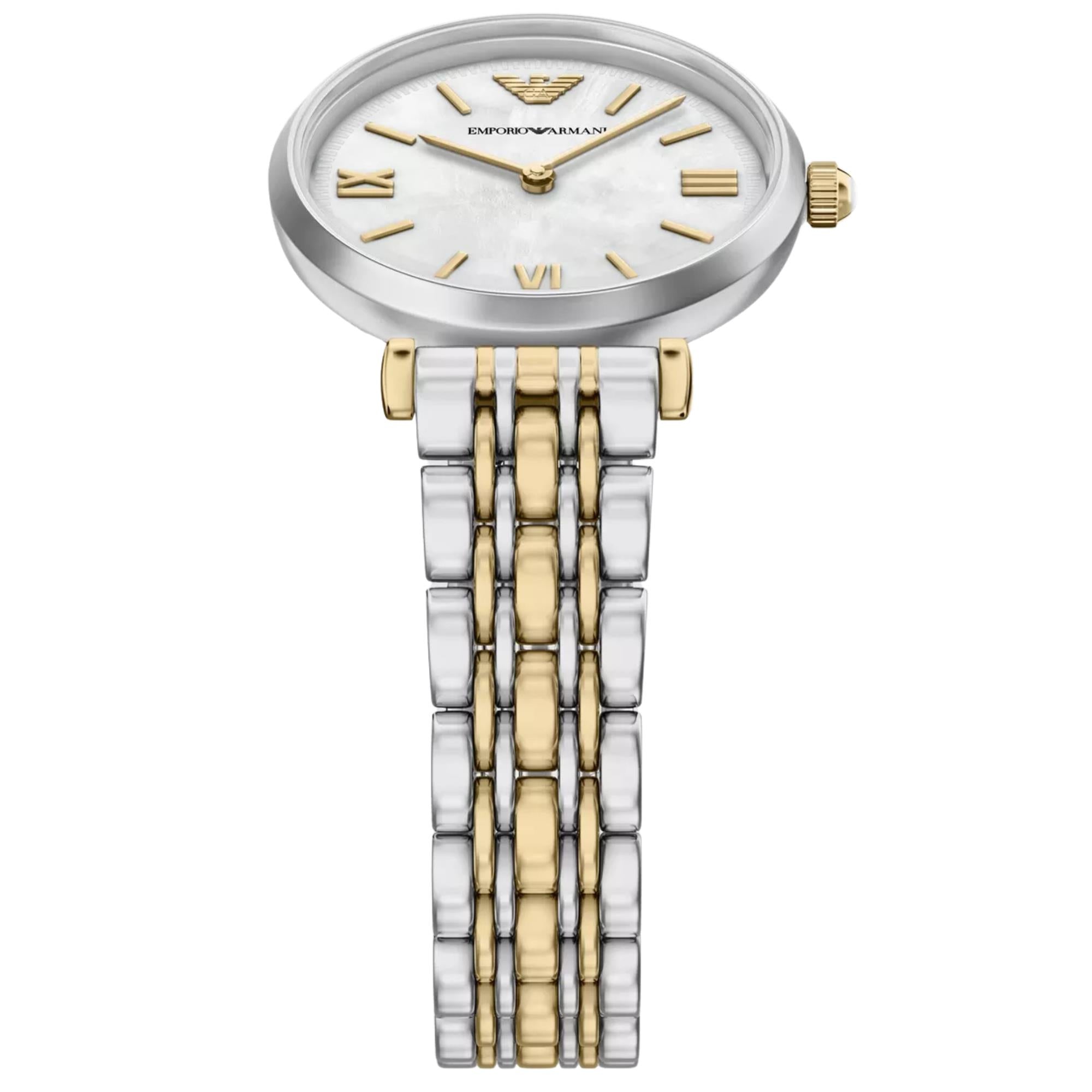 Emporio Armani Gianni T-Bar 28mm White Mother of Pearl Dial Steel Ladies Quartz Watch AR11769