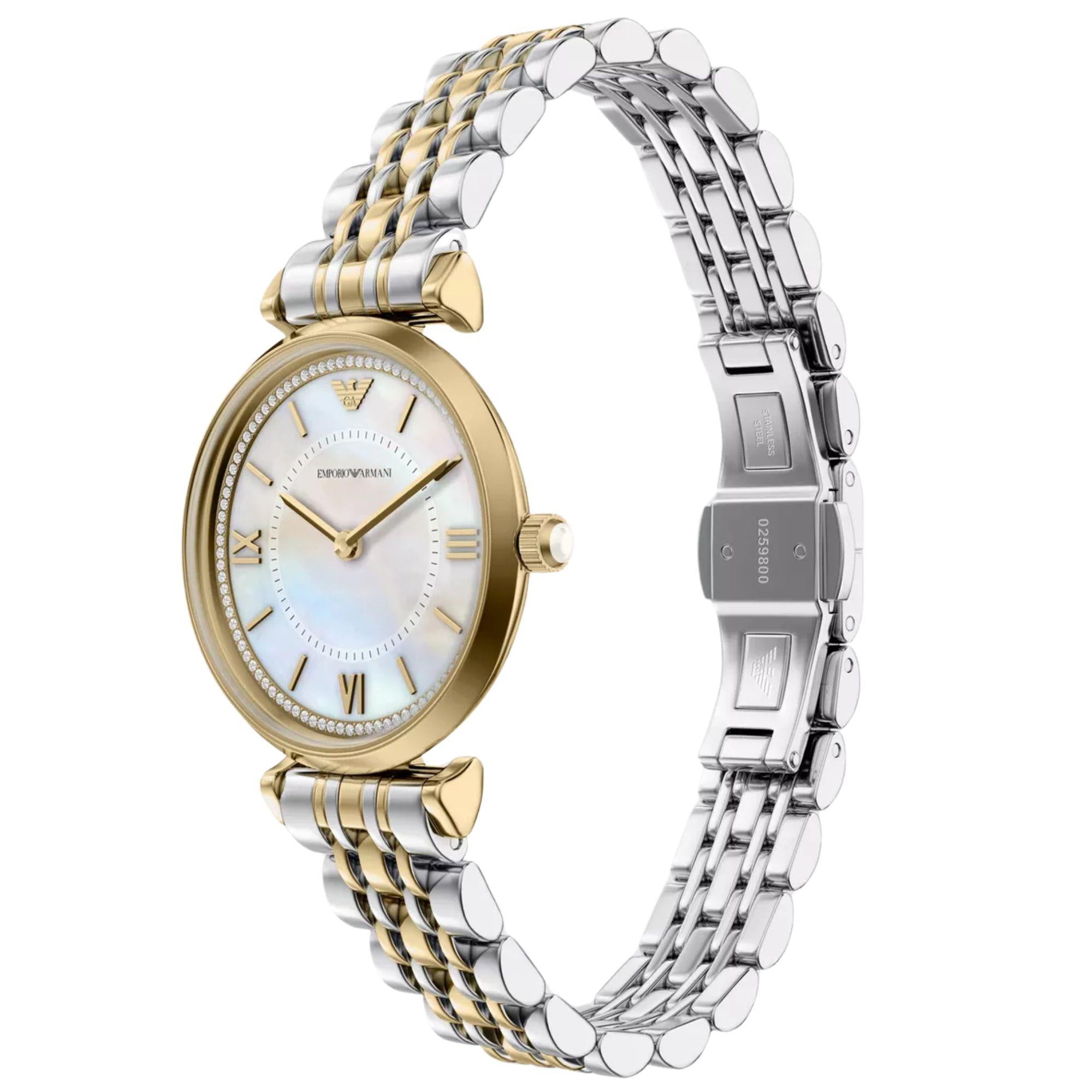 Emporio Armani Gianni T-Bar 32mm White Mother of Pearl Dial Steel Quartz Watch Set AR80086SET