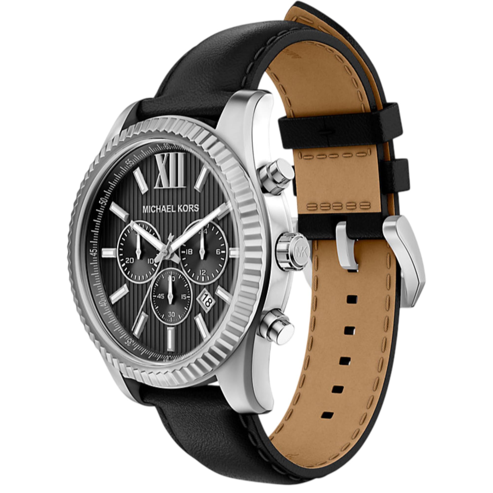 Michael Kors Lexington 45mm Chronograph Black Dial Leather Mens Quartz Watch MK9256