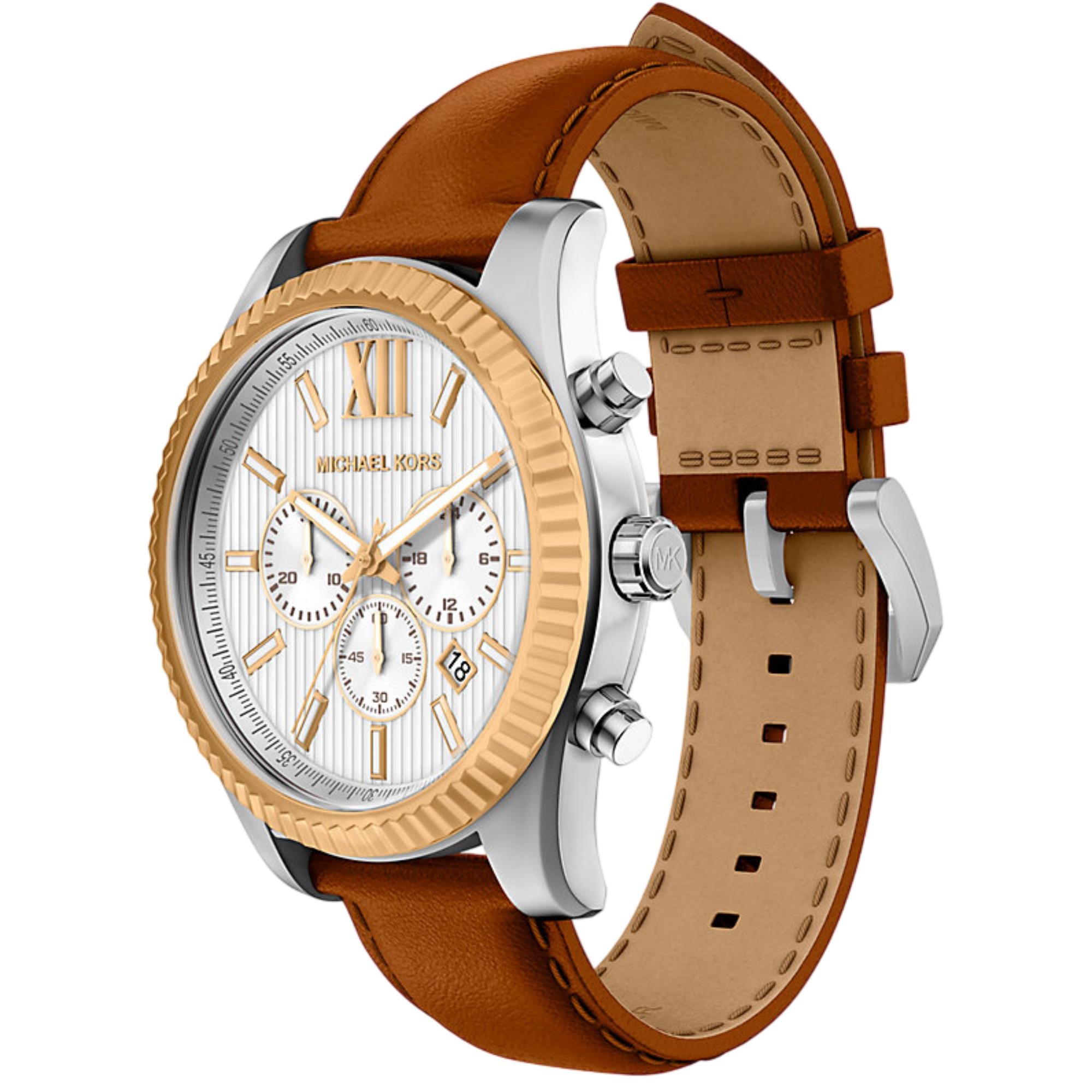 Michael Kors Lexington 45mm Chronograph Silver Dial Leather Mens Quartz Watch MK9257