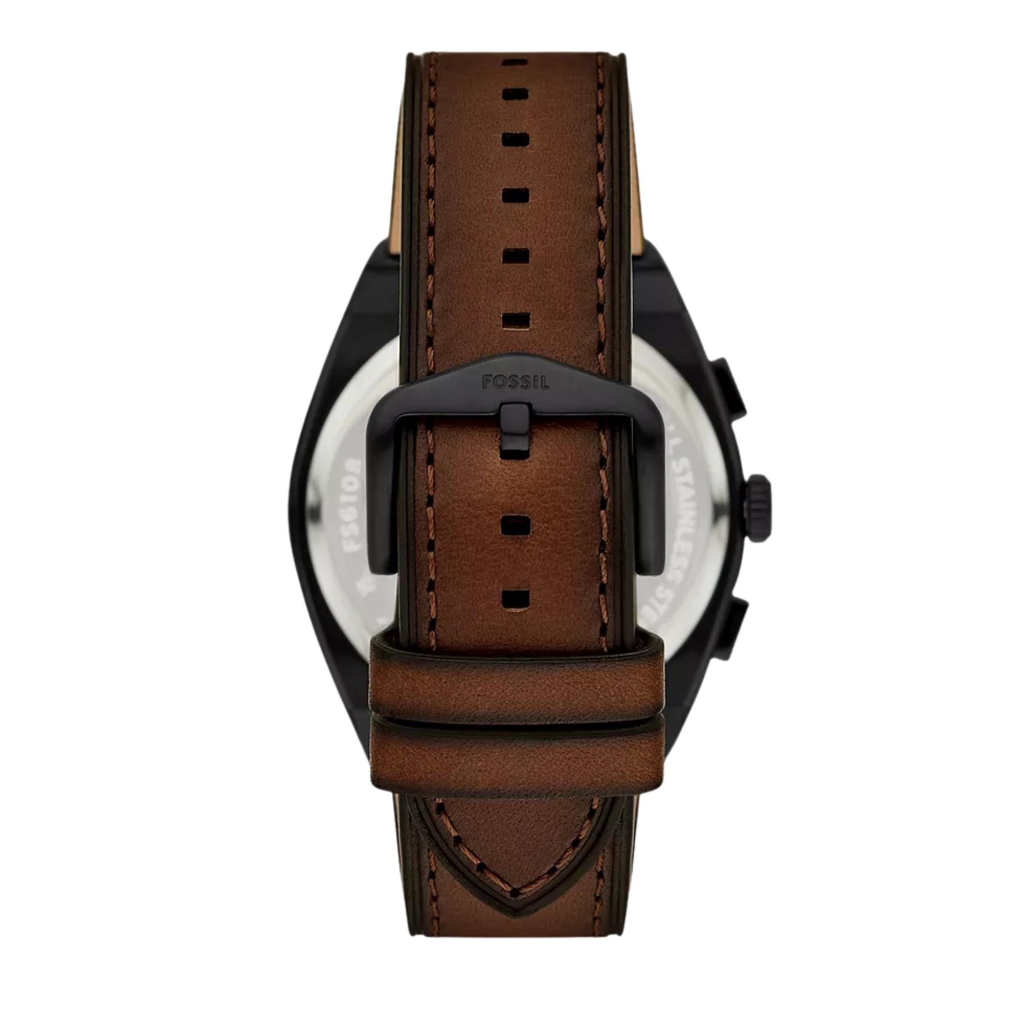 Fossil Everett 44mm Chronograph Black Dial Leather Mens Quartz Watch FS6108