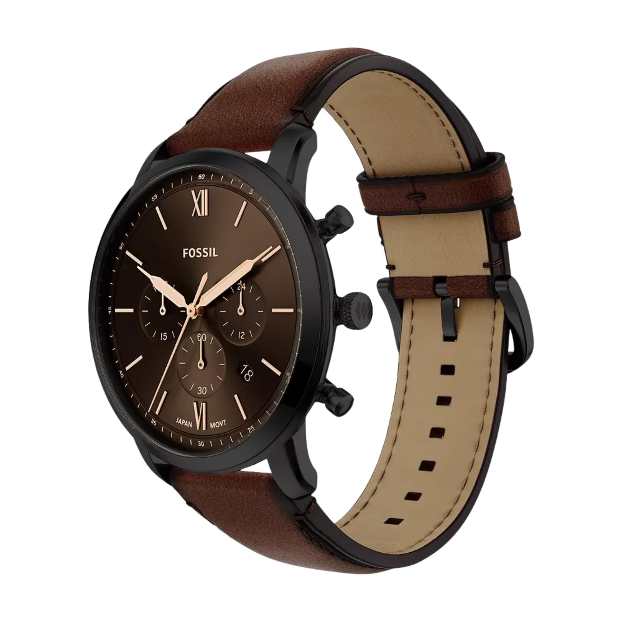 Fossil Neutra 44mm Chronograph Black Dial Leather Mens Quartz Watch FS6163
