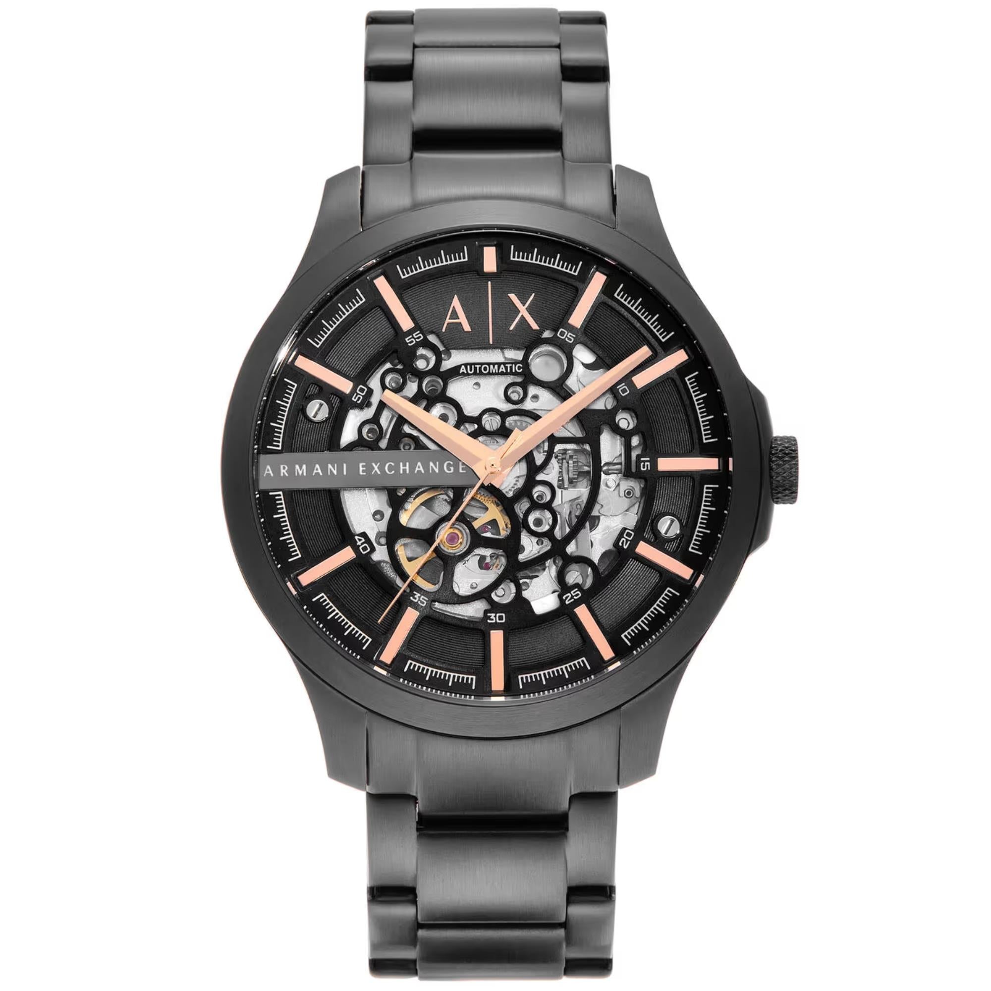 Armani Exchange Hampton 46mm Skelett Schwarzes Zifferblatt Stahl Herren Quarz Uhr AX2458