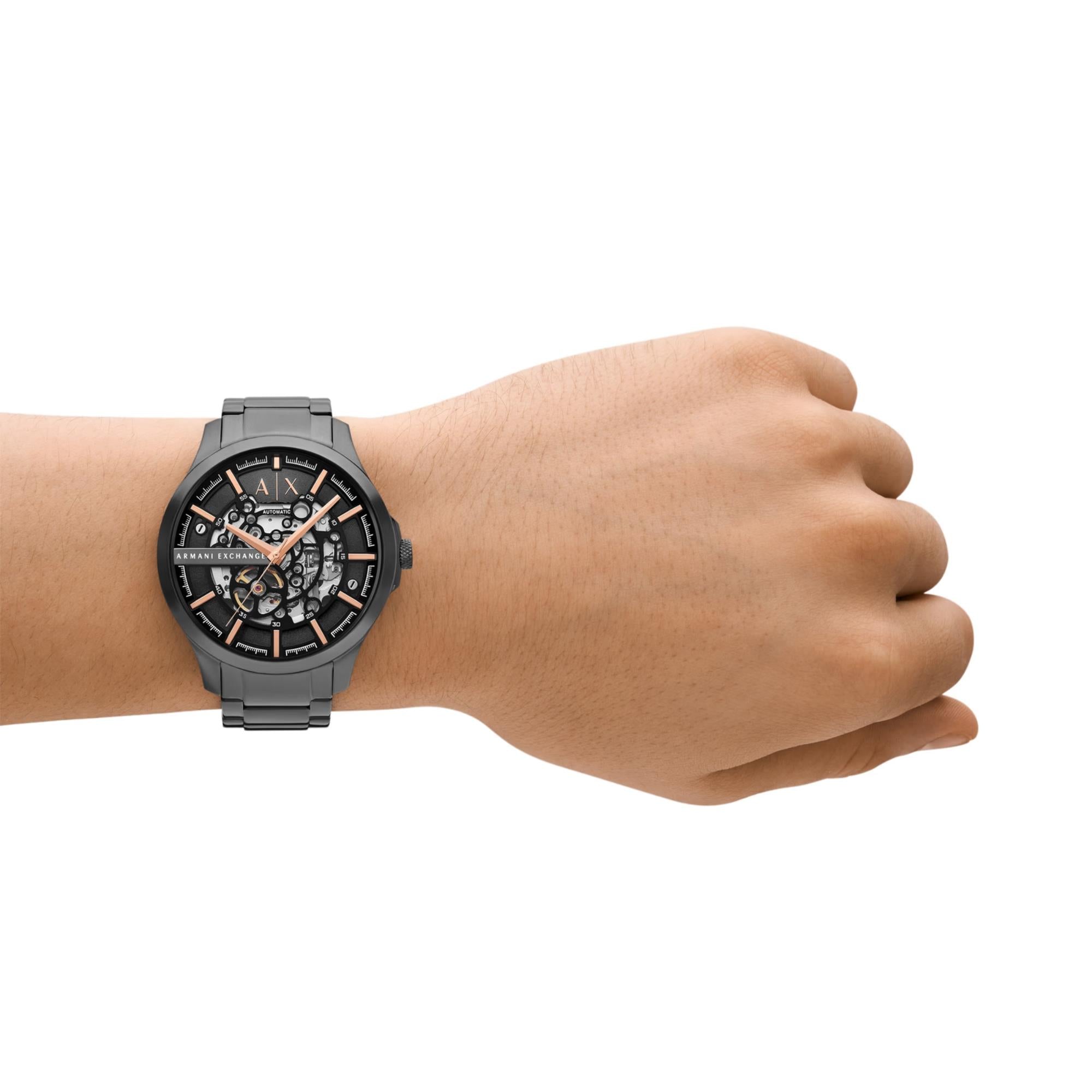 Armani Exchange Hampton 46mm Skelett Schwarzes Zifferblatt Stahl Herren Quarz Uhr AX2458