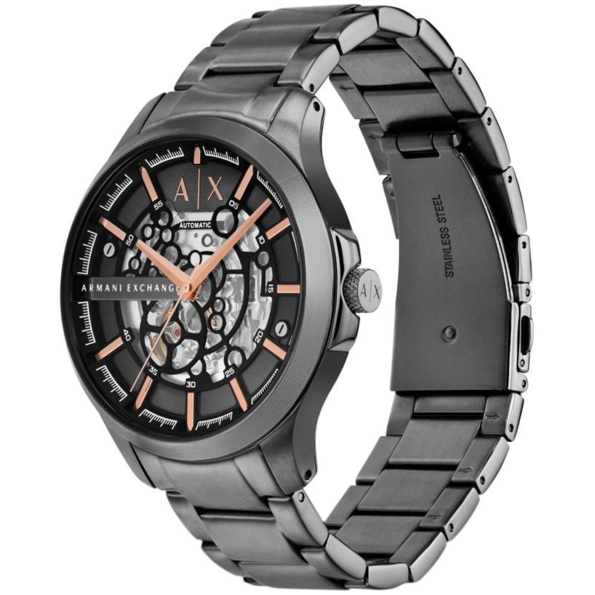Armani Exchange Hampton 46mm Skelett Schwarzes Zifferblatt Stahl Herren Quarz Uhr AX2458