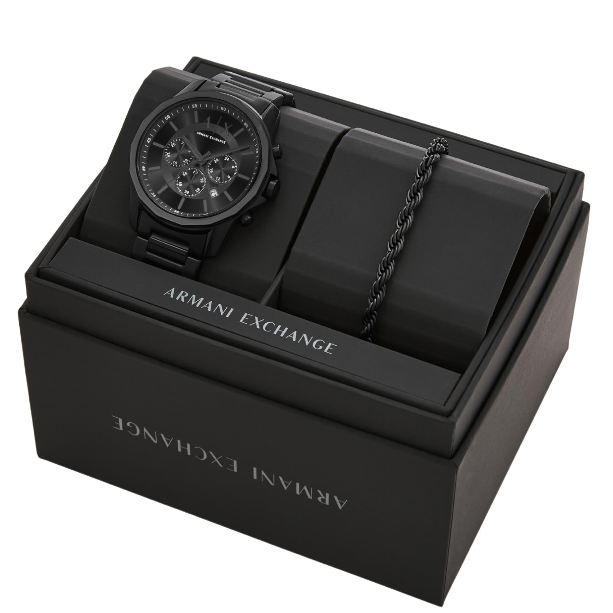 Armani Exchange Banks 44mm Chronograph Black Dial Steel Mens Quartz Watch AX7163SET