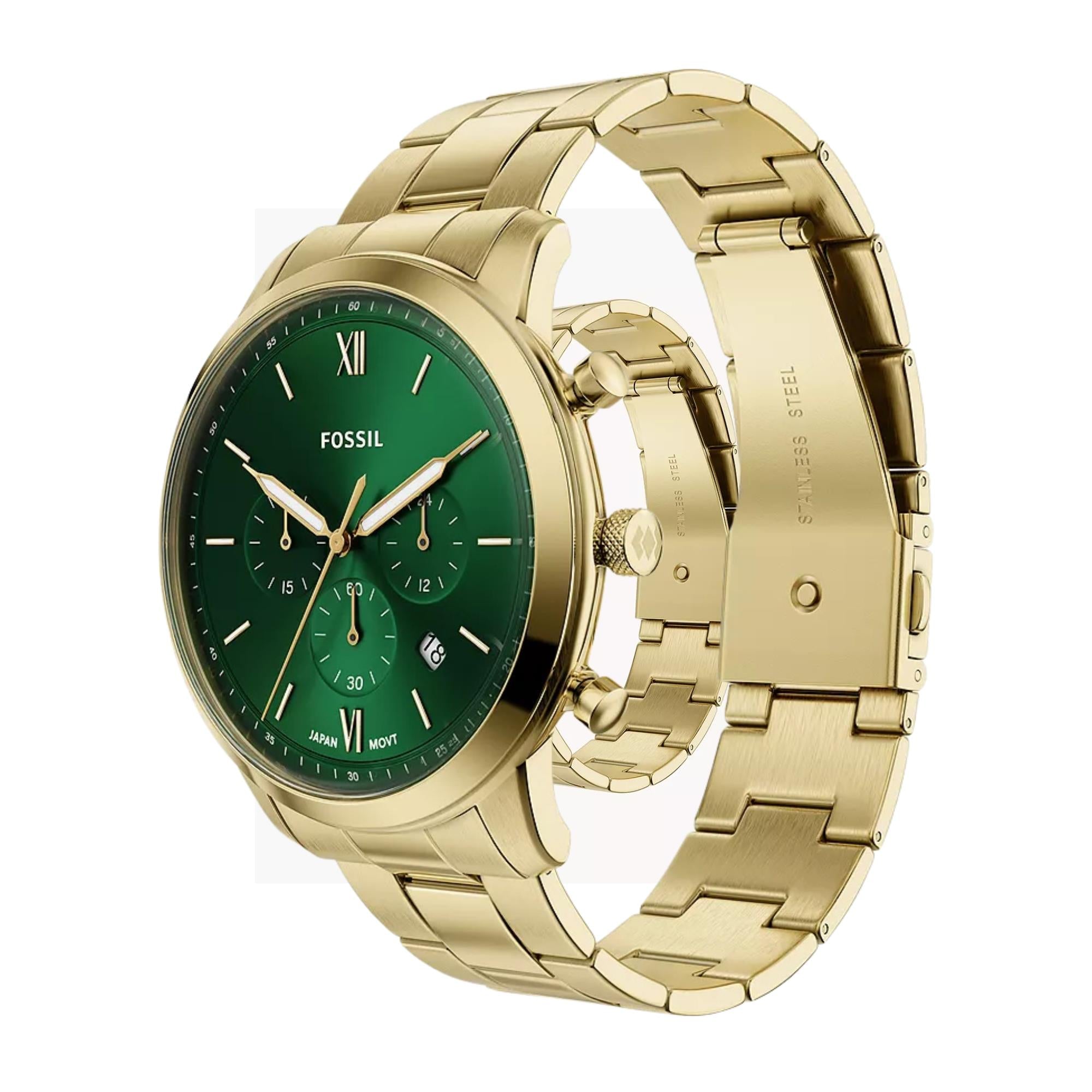 Fossil Neutra 44mm Chronograph Grünes Zifferblatt Stahl Herren Quarz Uhr FS6164