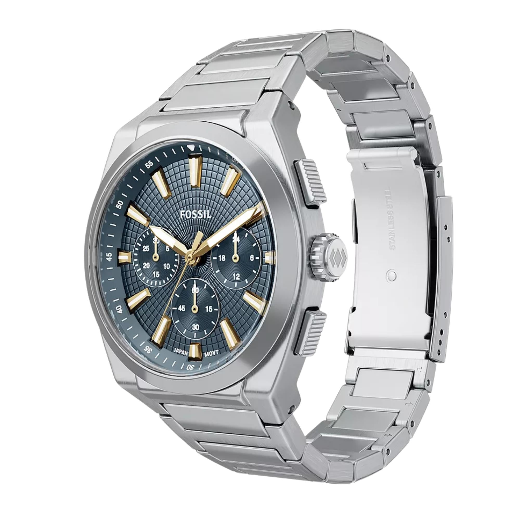 Fossil Everett 44mm Chronograph Blue Dial Steel Mens Quartz Watch FS6154