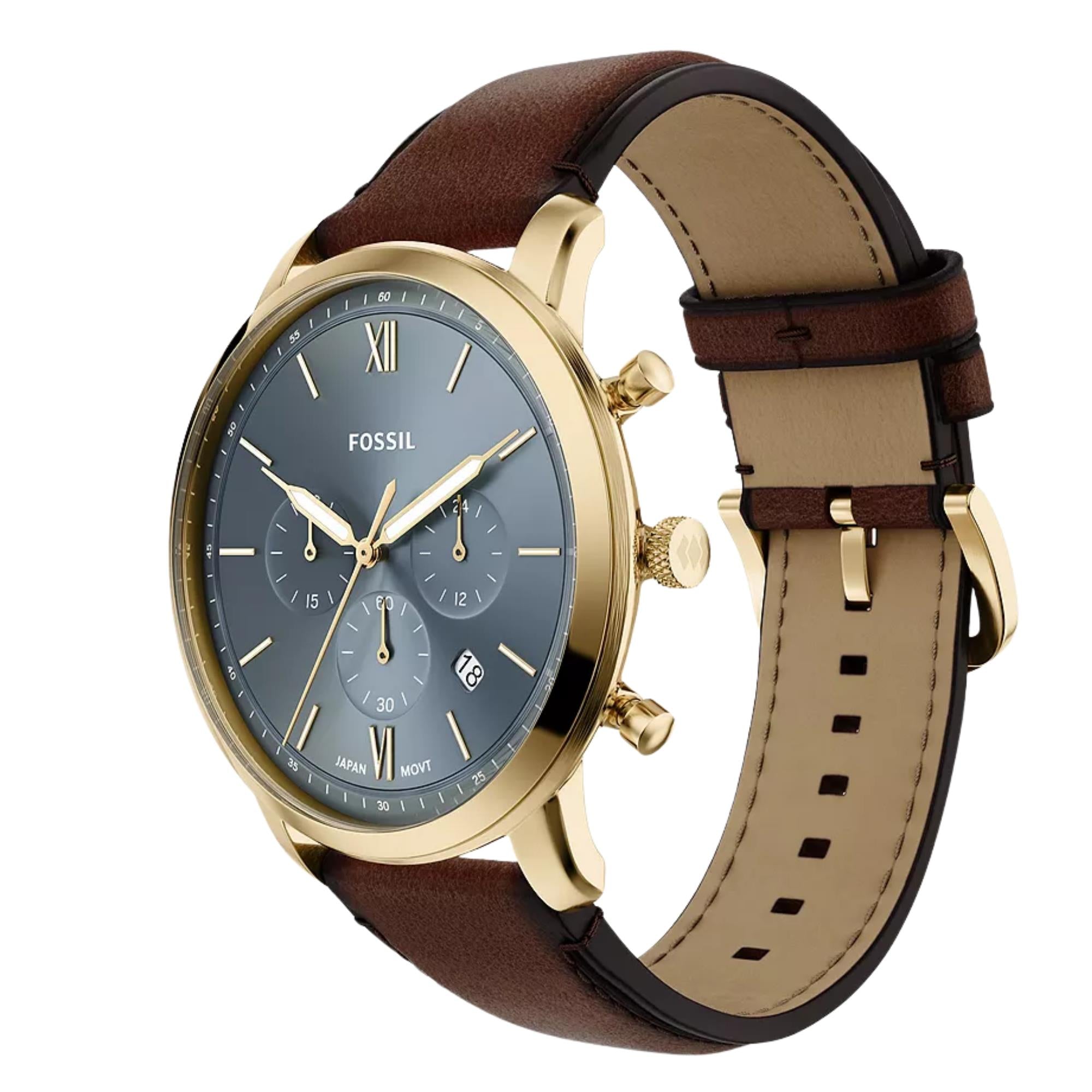 Fossil Neutra 44mm Chronograph Blaues Zifferblatt Leder Herren Quarz Uhr FS6162