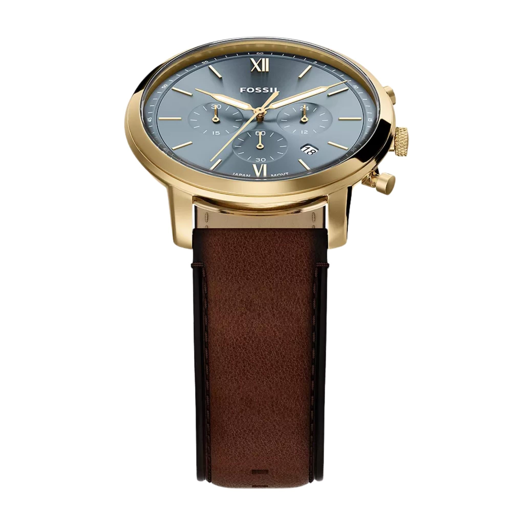 Fossil Neutra 44mm Chronograph Blaues Zifferblatt Leder Herren Quarz Uhr FS6162