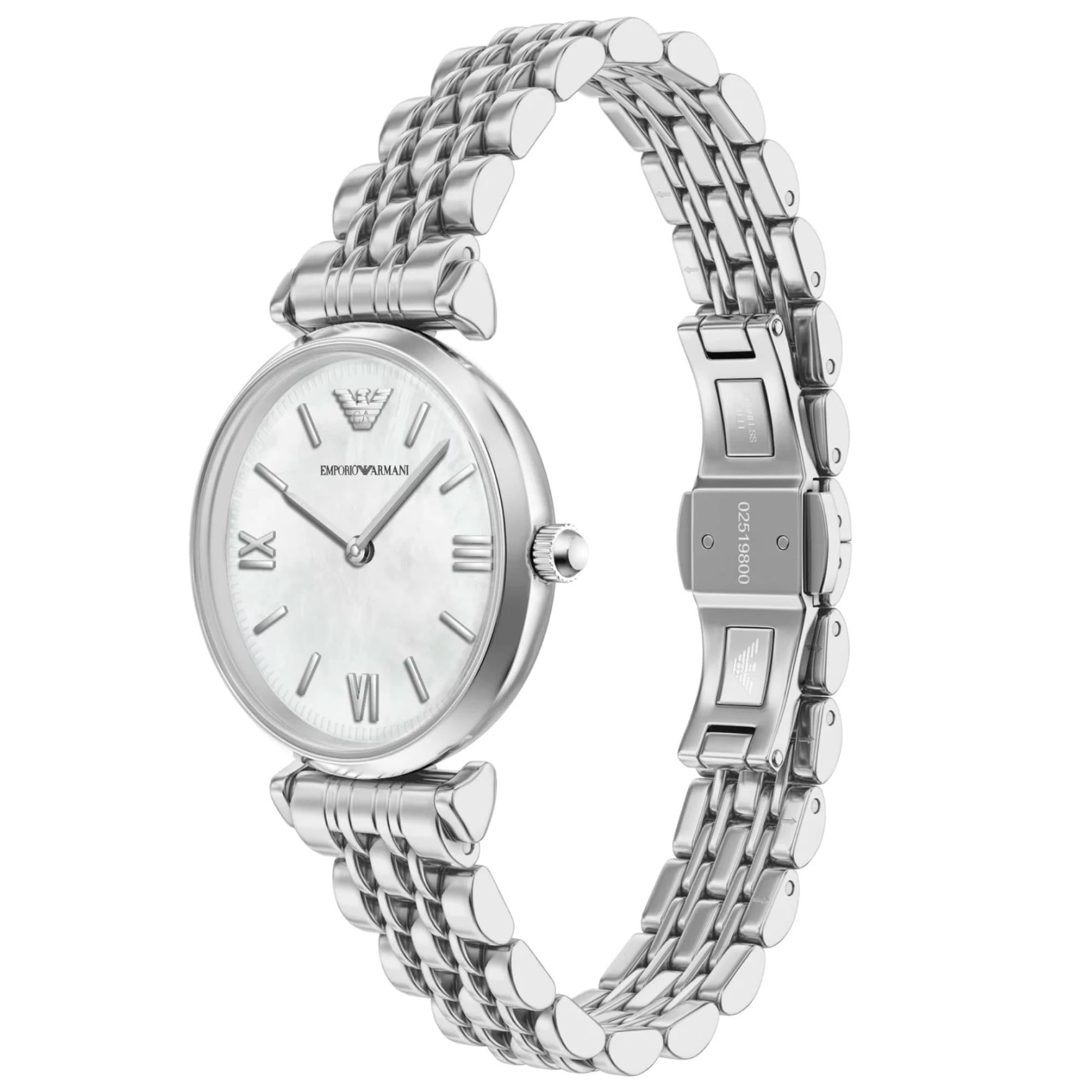 Emporio Armani Gianni T-Bar 28mm White Mother of Pearl Dial Steel Ladies Quartz Watch AR11768