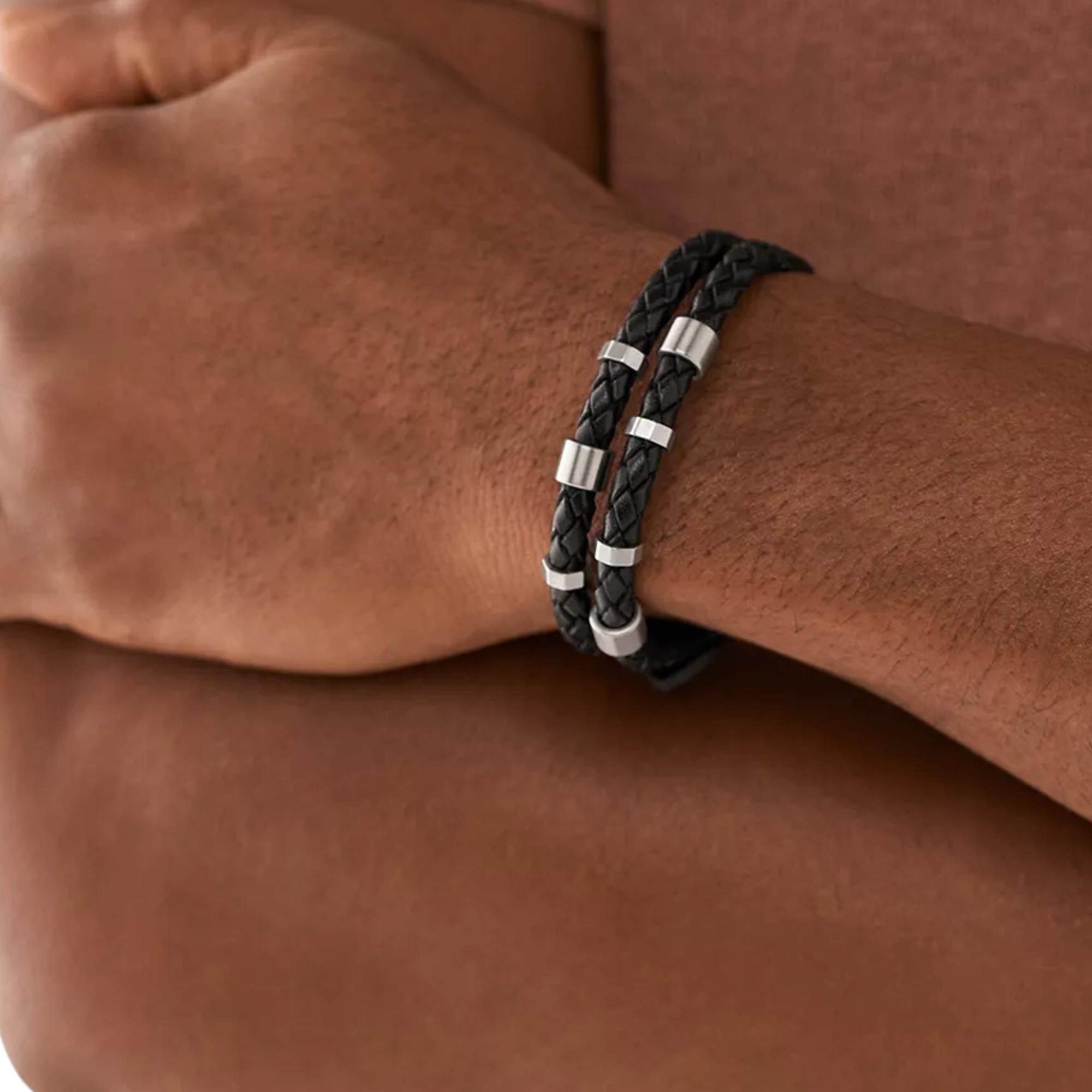 Fossil Bronson Leather Essentials Black Leather Strap Men's Bracelet JF04473040