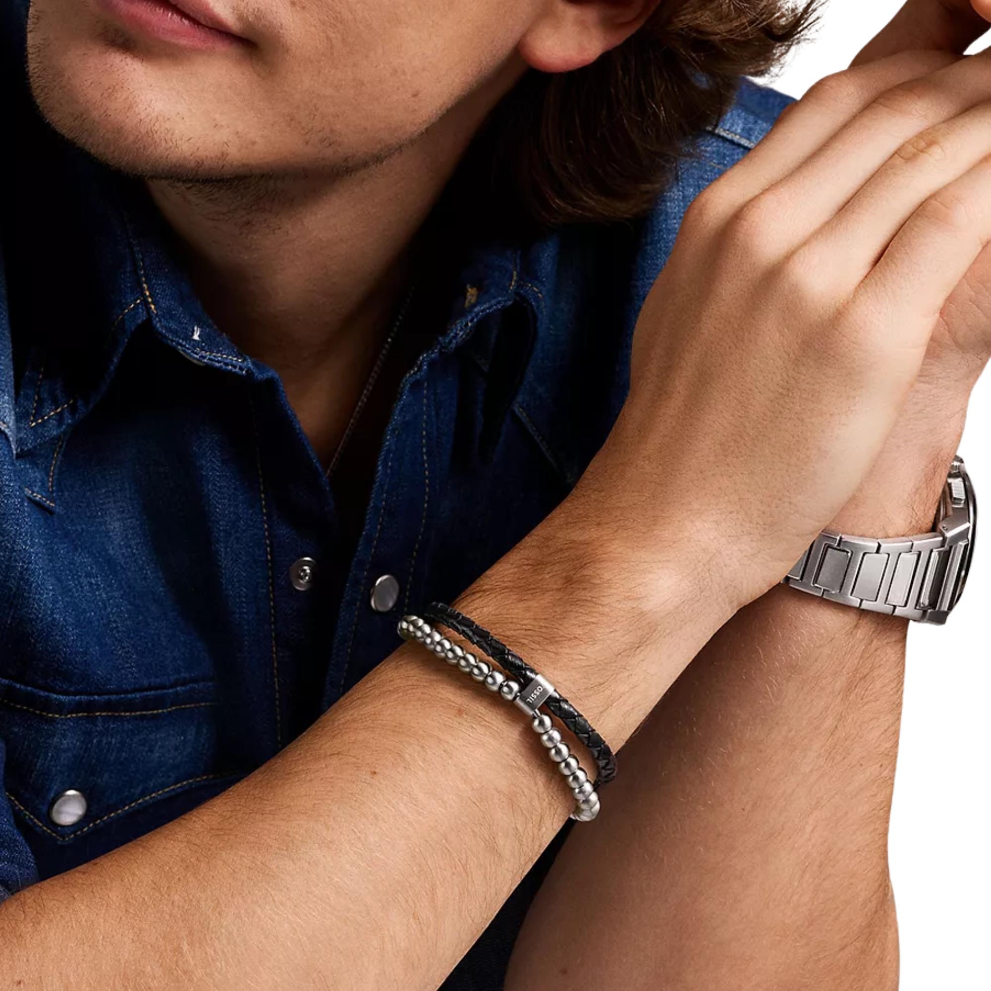 Fossil Townsman Beads Black Leather Multi-Strand Men's Bracelet JF04855040