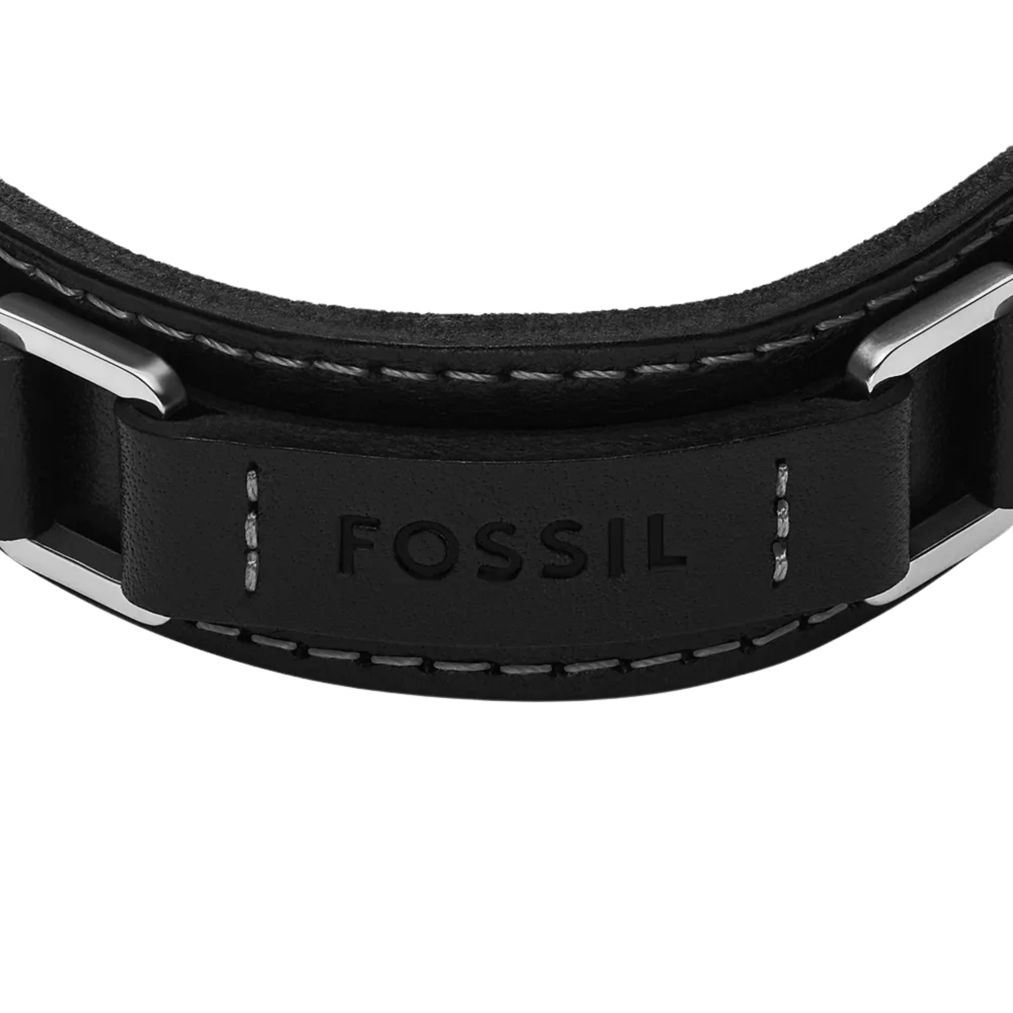 Fossil Machine Rugged Stainless Steel and Black Padded Leather Strap Men's Bracelet JF04950040