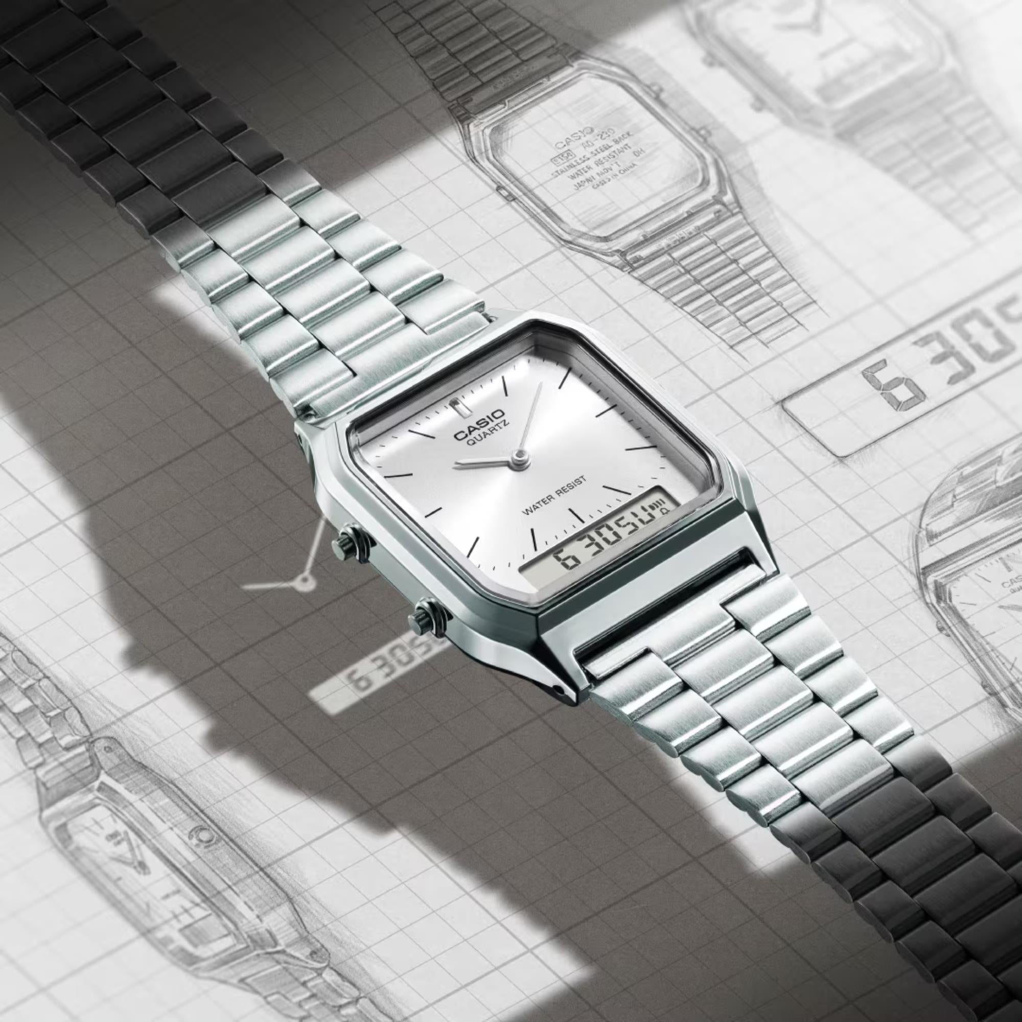 Casio Vintage Quarz Silbernes Zifferblatt Edelstahlarmband Uhr AQ-230A-7AMQYES
